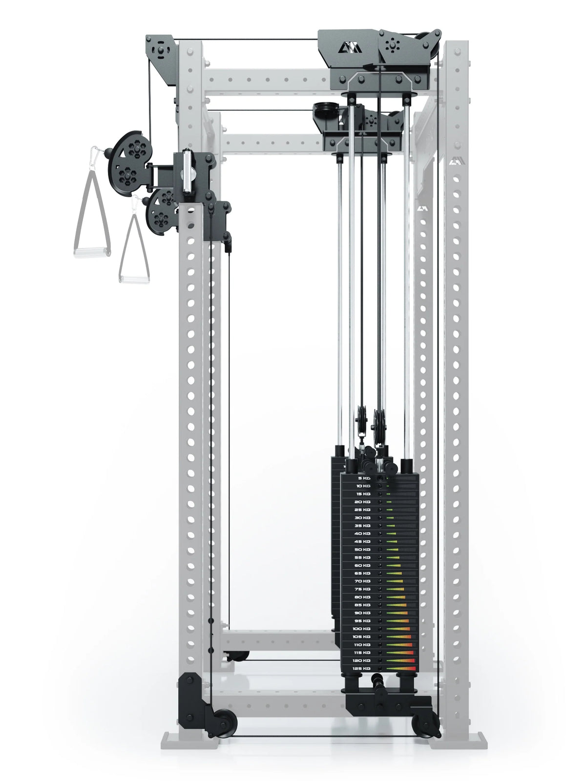 R8 Bradley Upgrade cable pulley attachment with weight stack, 30.5" Crossbar at the rear of the Power Rack