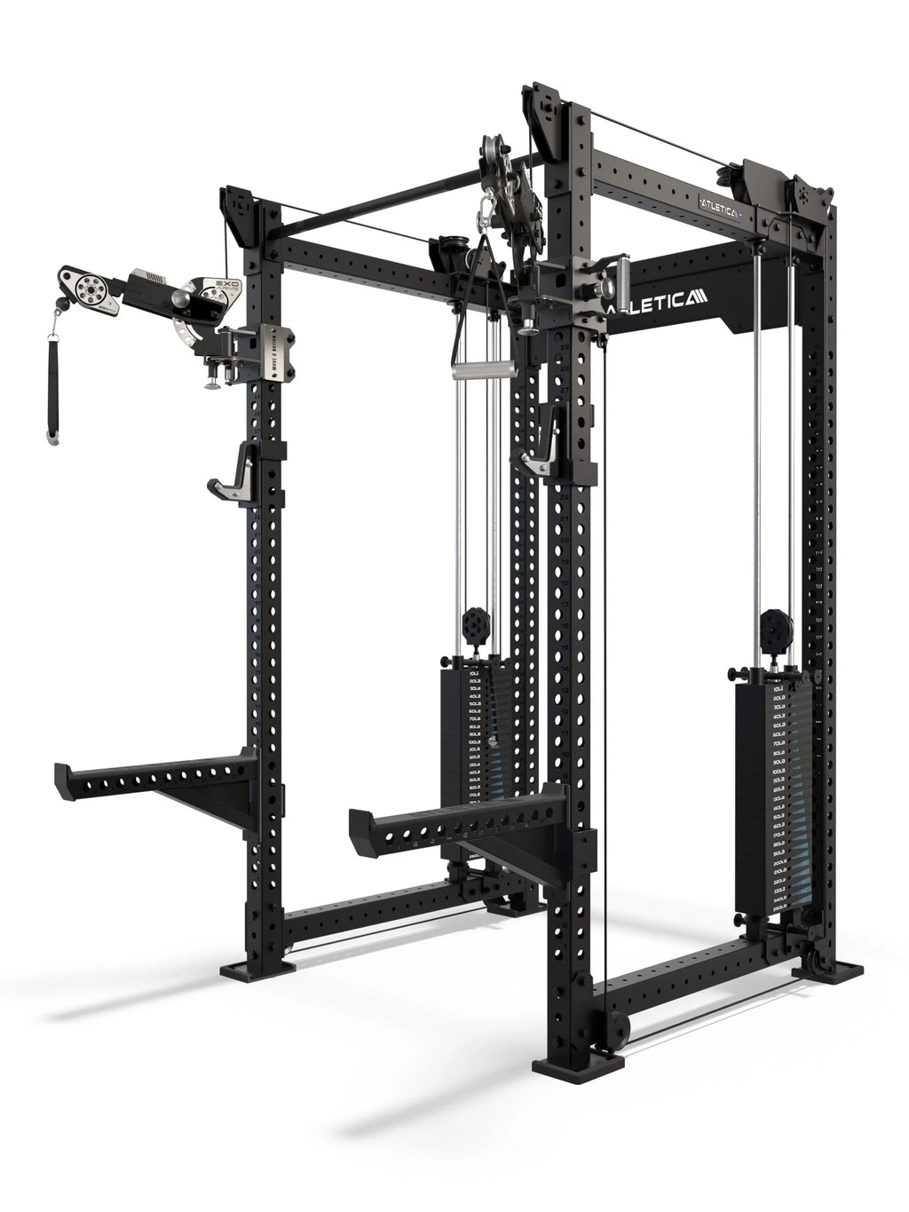 Atletica R8 Bradley EXO Power Rack with functional trainer and 500 lb weight stack, in black, with 43" crossbar depth