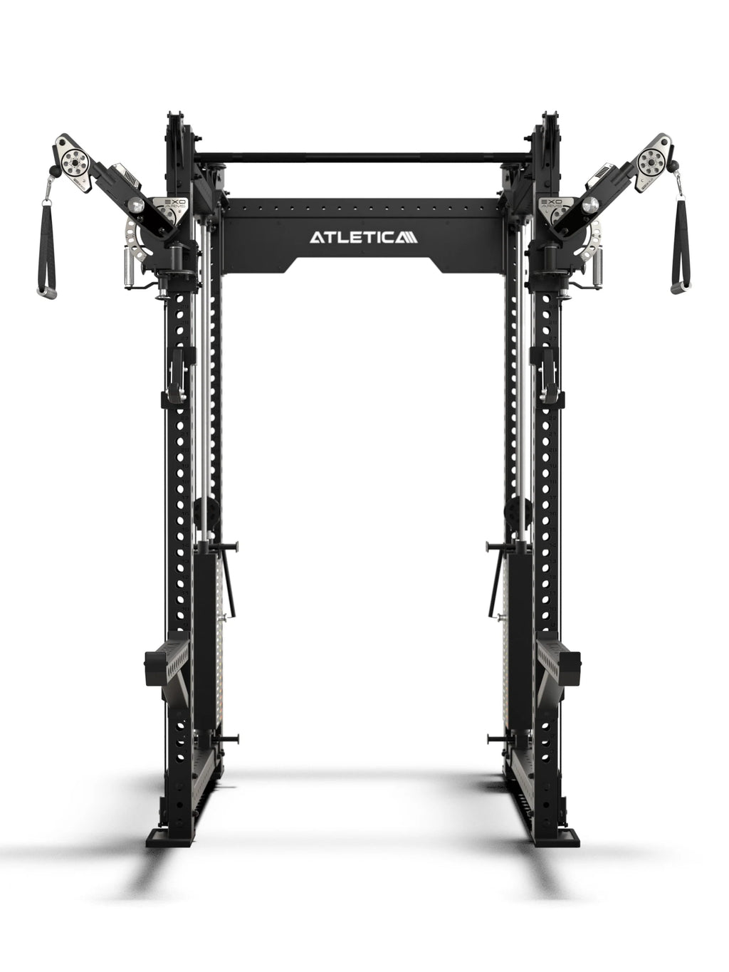 Atletica R8 Bradley EXO Power Rack with functional trainer and 500 lb weight stack, in black, with 16.5" crossbar depth