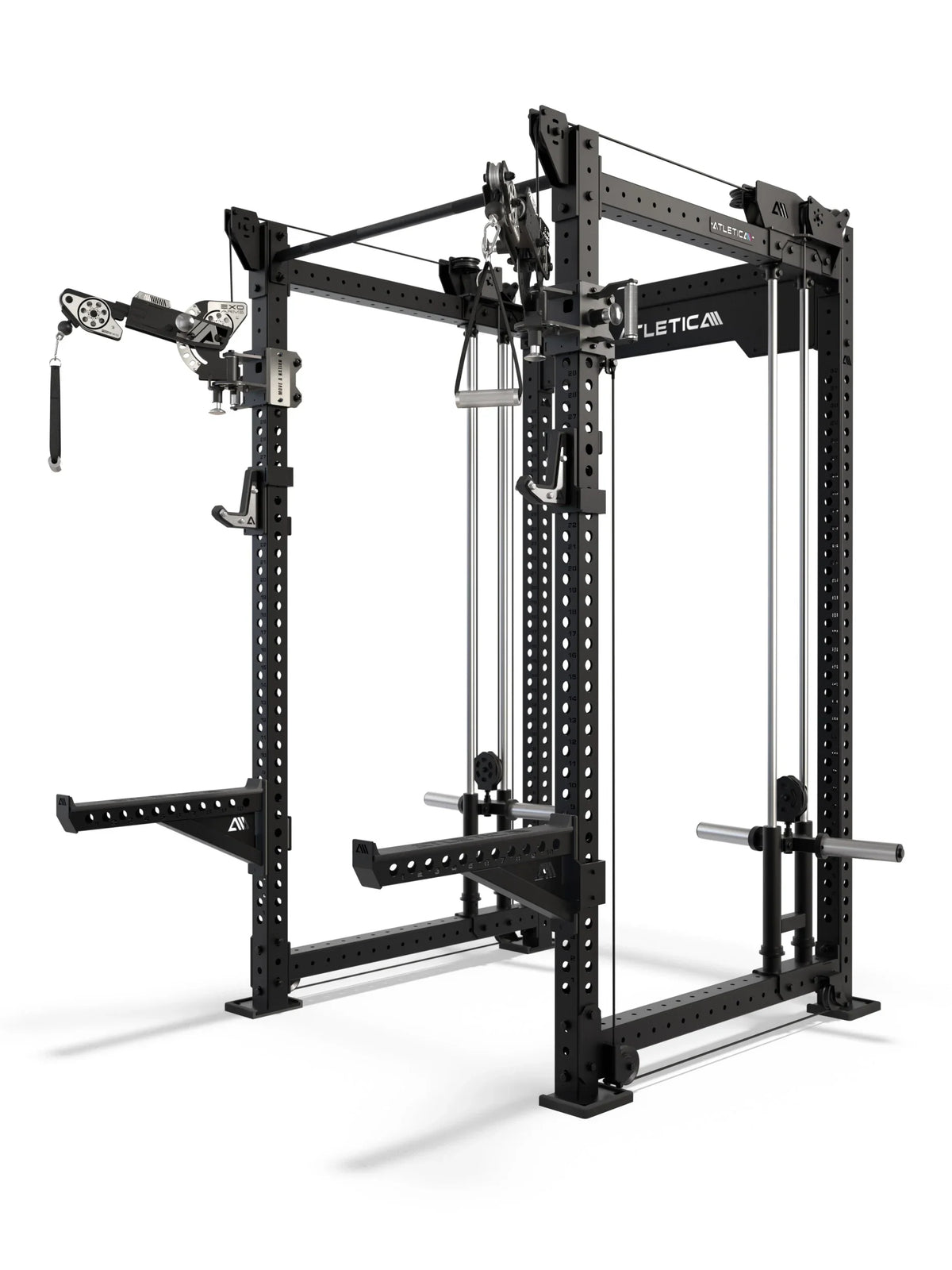 R8 Bradley EXO Plate Loaded Power Rack with 43" Crossbar Depth and Adjustable EXO Arms