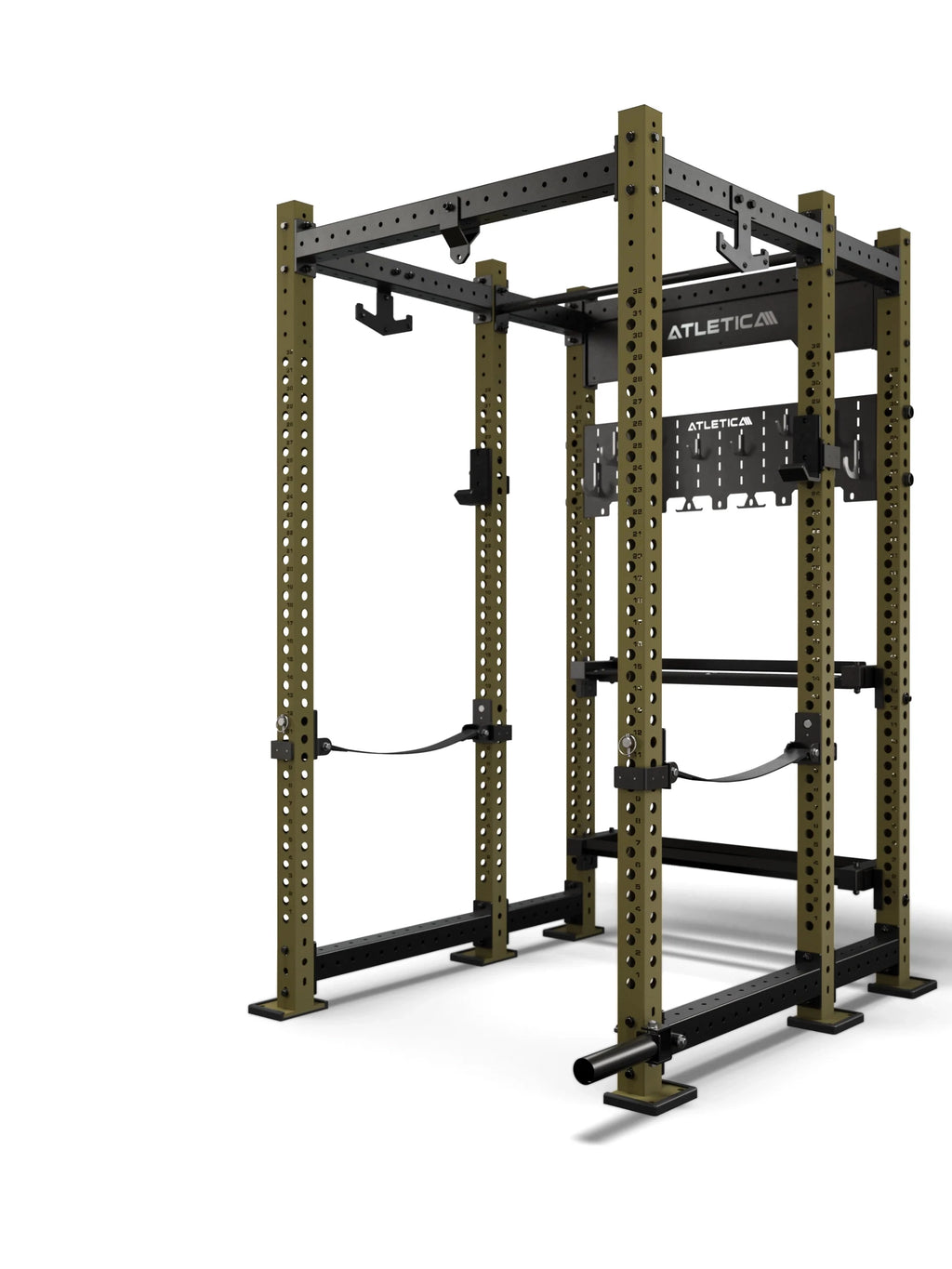 Atletica R8 Utile power rack in military green, frame only, angled view