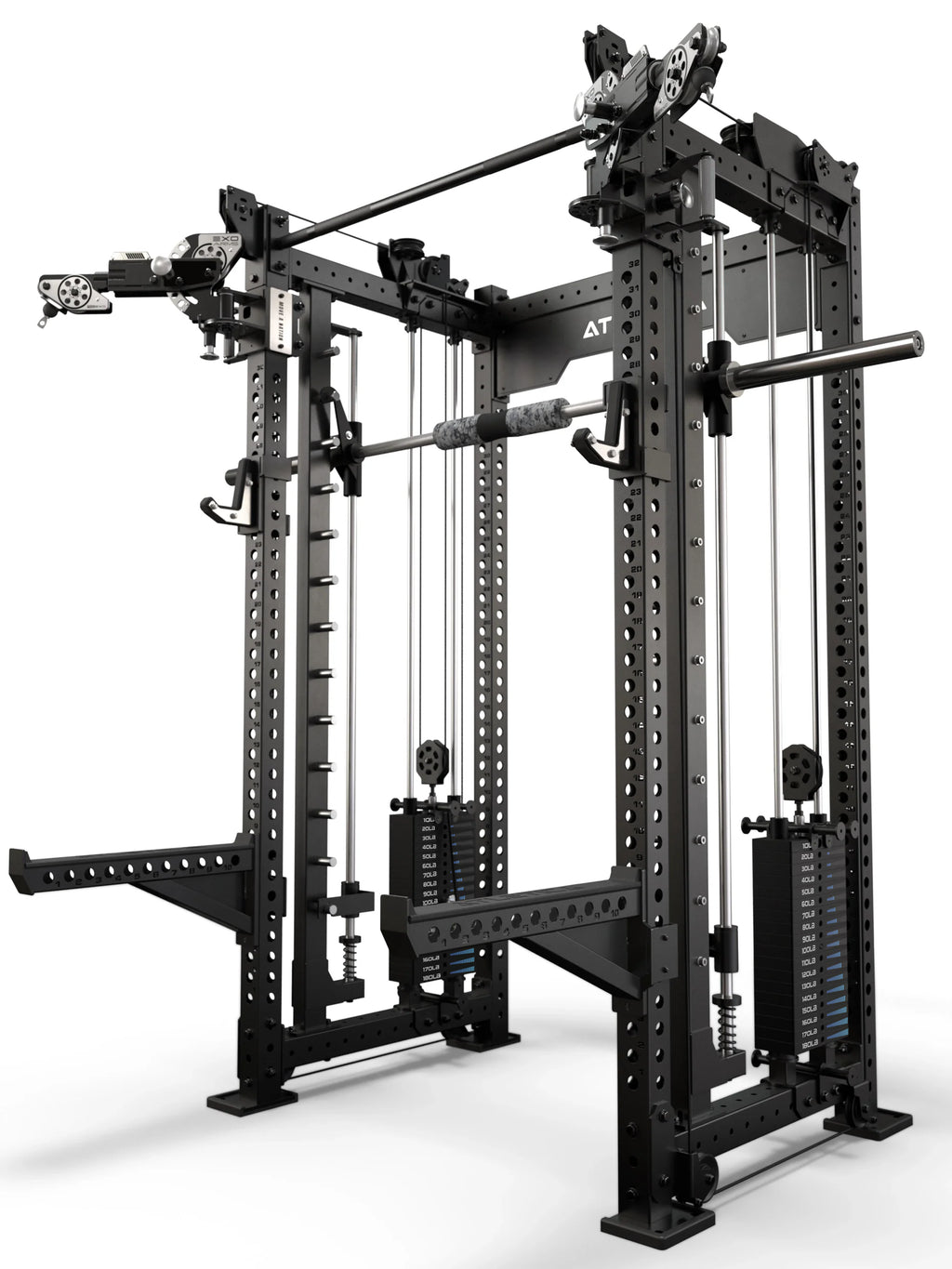 Atletica R8 Bradley EXO rack with 380 lb stacks and Smith machine, black, alternate angled render