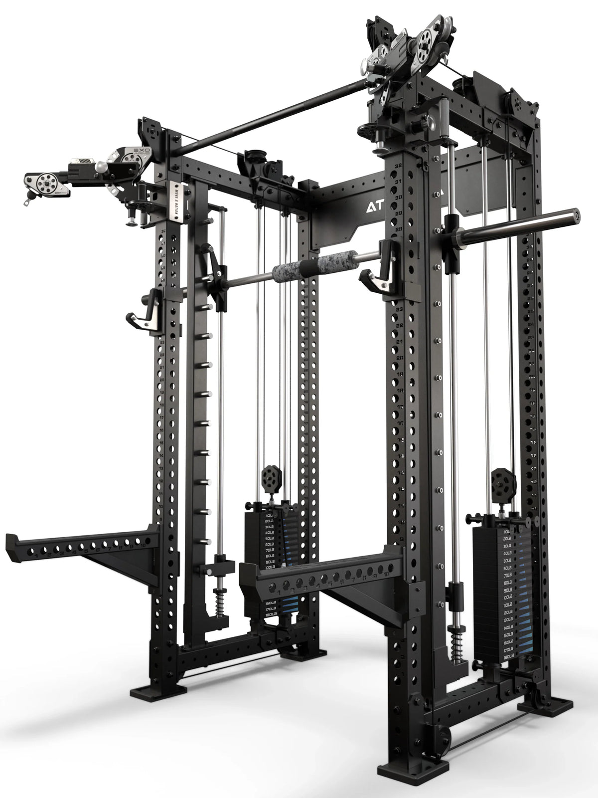Atletica R8 Bradley EXO rack with 380 lb stacks and Smith machine, black, alternate angled render