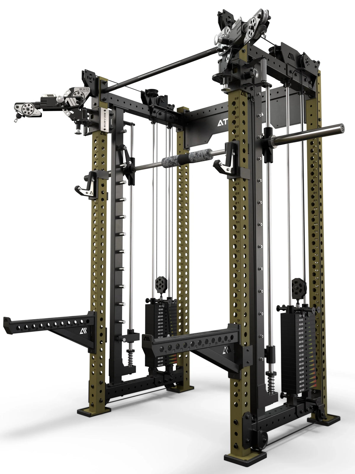 Atletica R8 Bradley EXO rack with 2x210 lb stacks and Smith machine, military green uprights, angled view