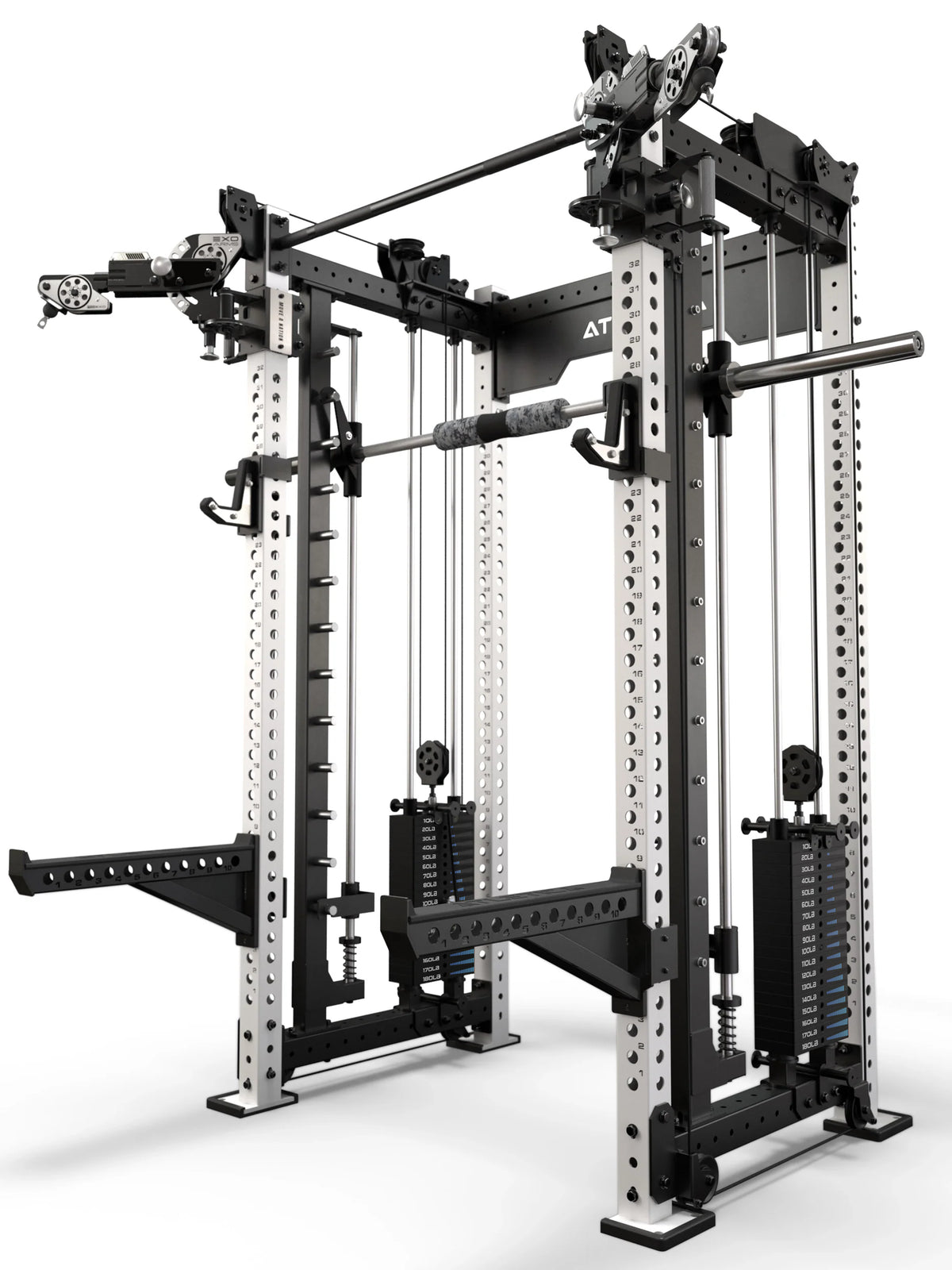 Atletica R8 Bradley EXO rack with 380 lb stacks and Smith machine, white uprights, angled view