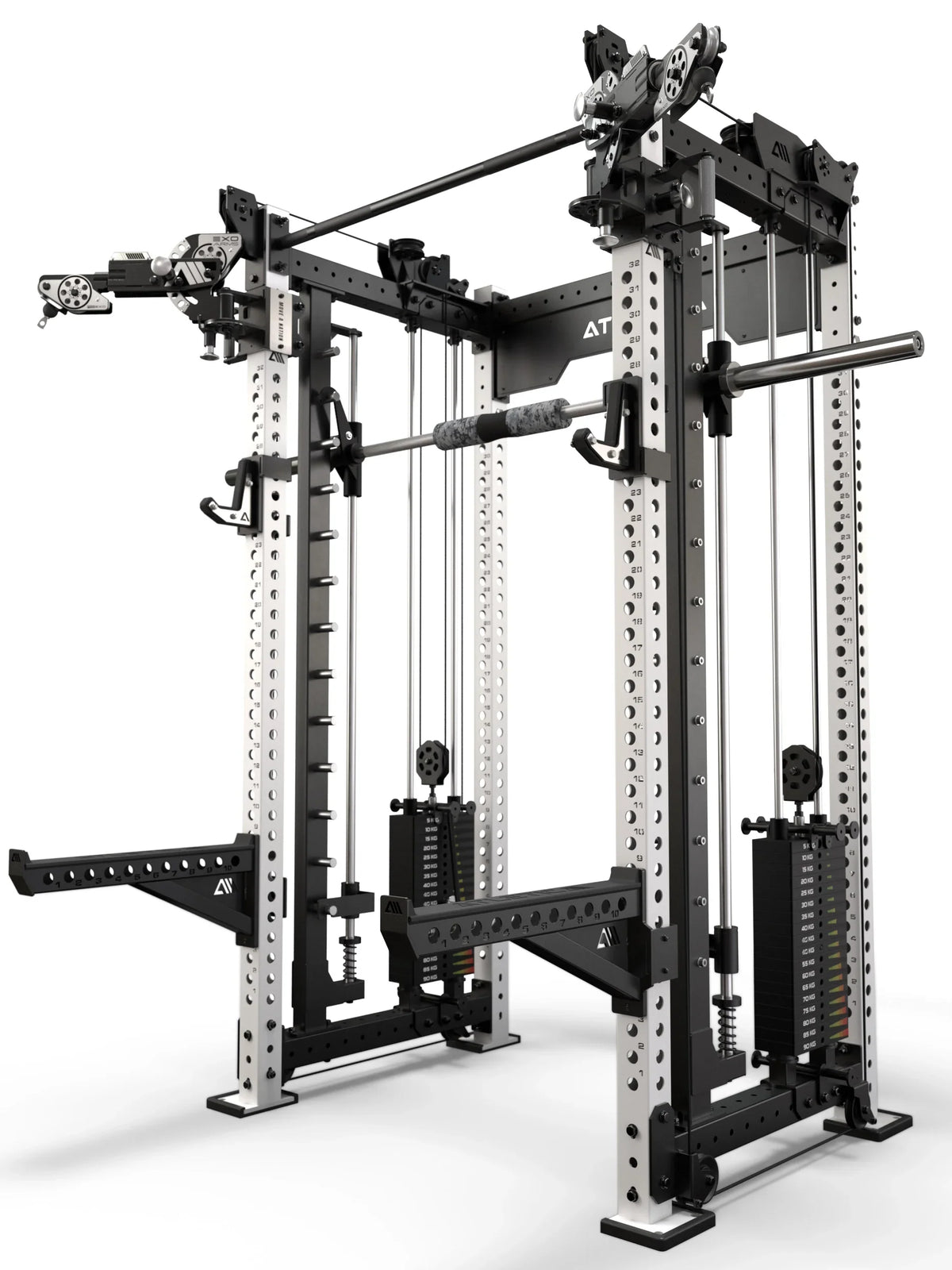 Atletica R8 Bradley EXO rack with 2x210 lb stacks and Smith machine, white uprights, alternate angled render