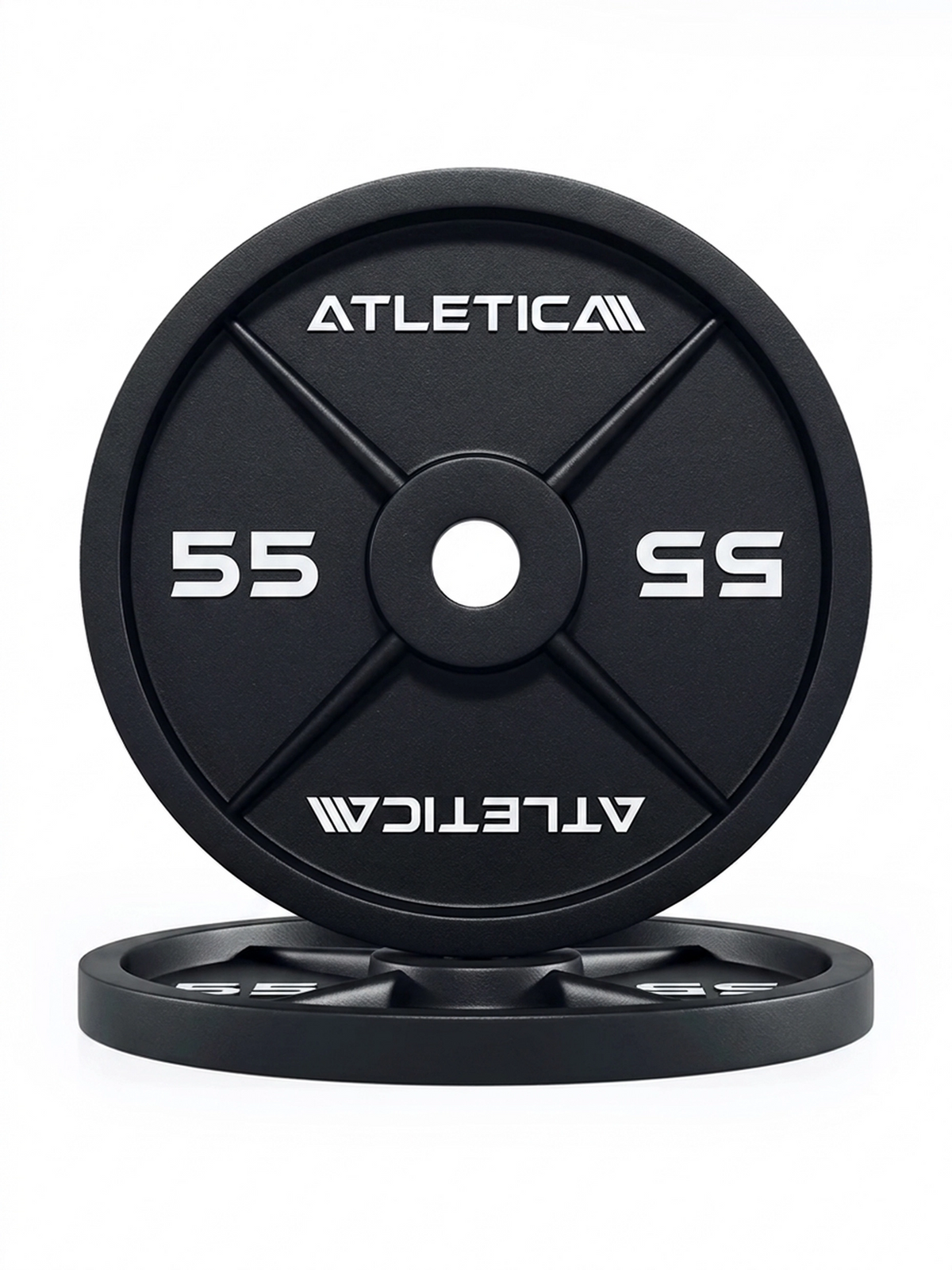 Atletica Iron Plates - two black cast iron weight plates, 55 lb each, with central hole
