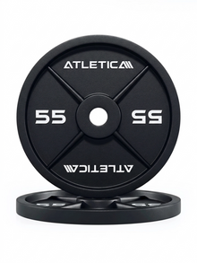 Atletica Iron Plates - two black cast iron weight plates, 55 lb each, with central hole