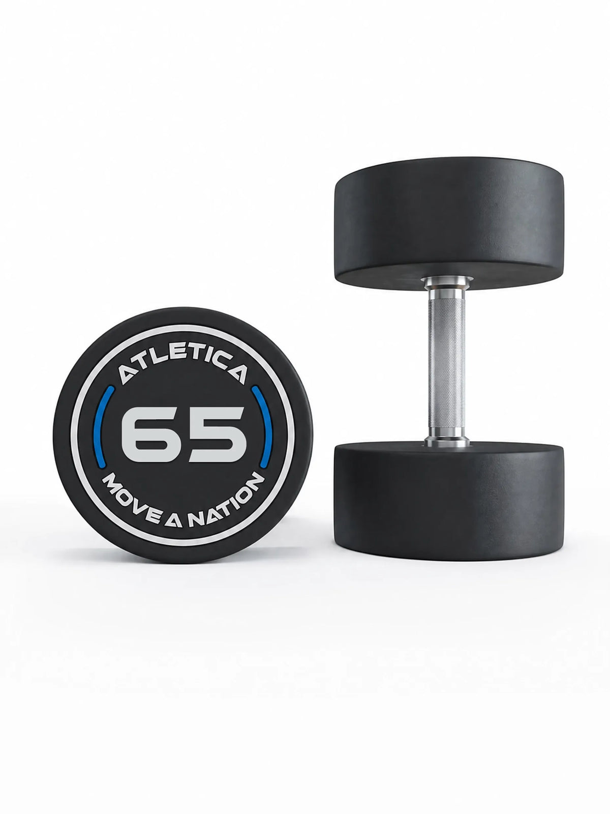 Round Dumbbells PRO in pairs - two dumbbells, one standing, one lying, weight 70 lb, black design, made of polyurethane