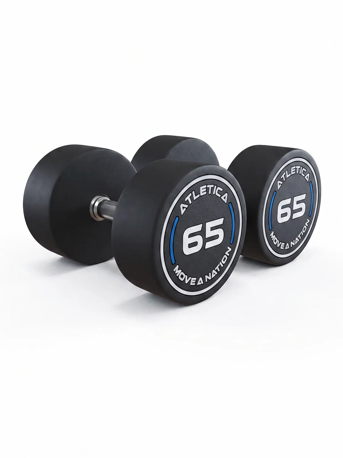 Round Dumbbells PRO in pairs - two dumbbells, one standing, one lying, weight 70 lb, black design, made of polyurethane