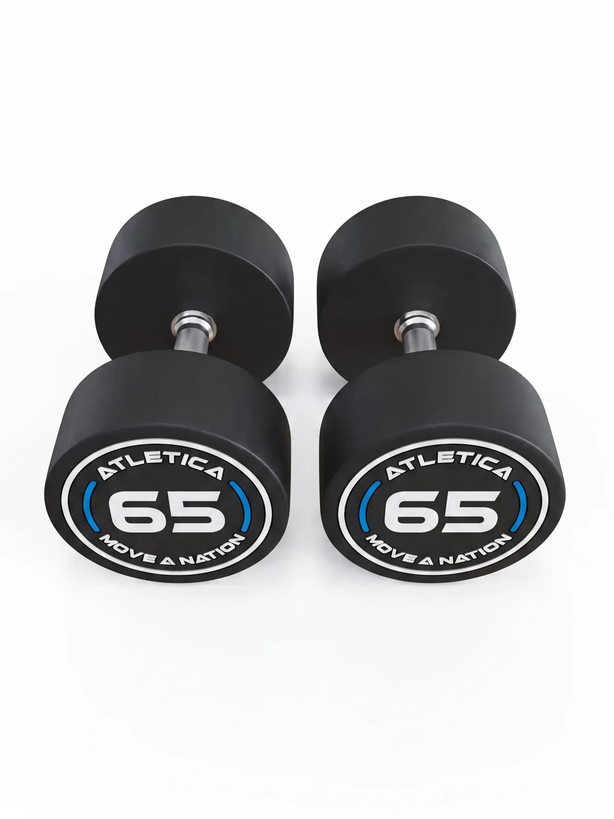 Round Dumbbells PRO In Pairs - Weight 70 lb, Two black dumbbells, silver grips, made of polyurethane, for dumbbell strength training