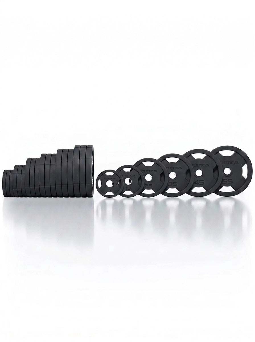 Atletica 4H gripper plates set 700 lb, stacked plates and plates in a row by size, side view