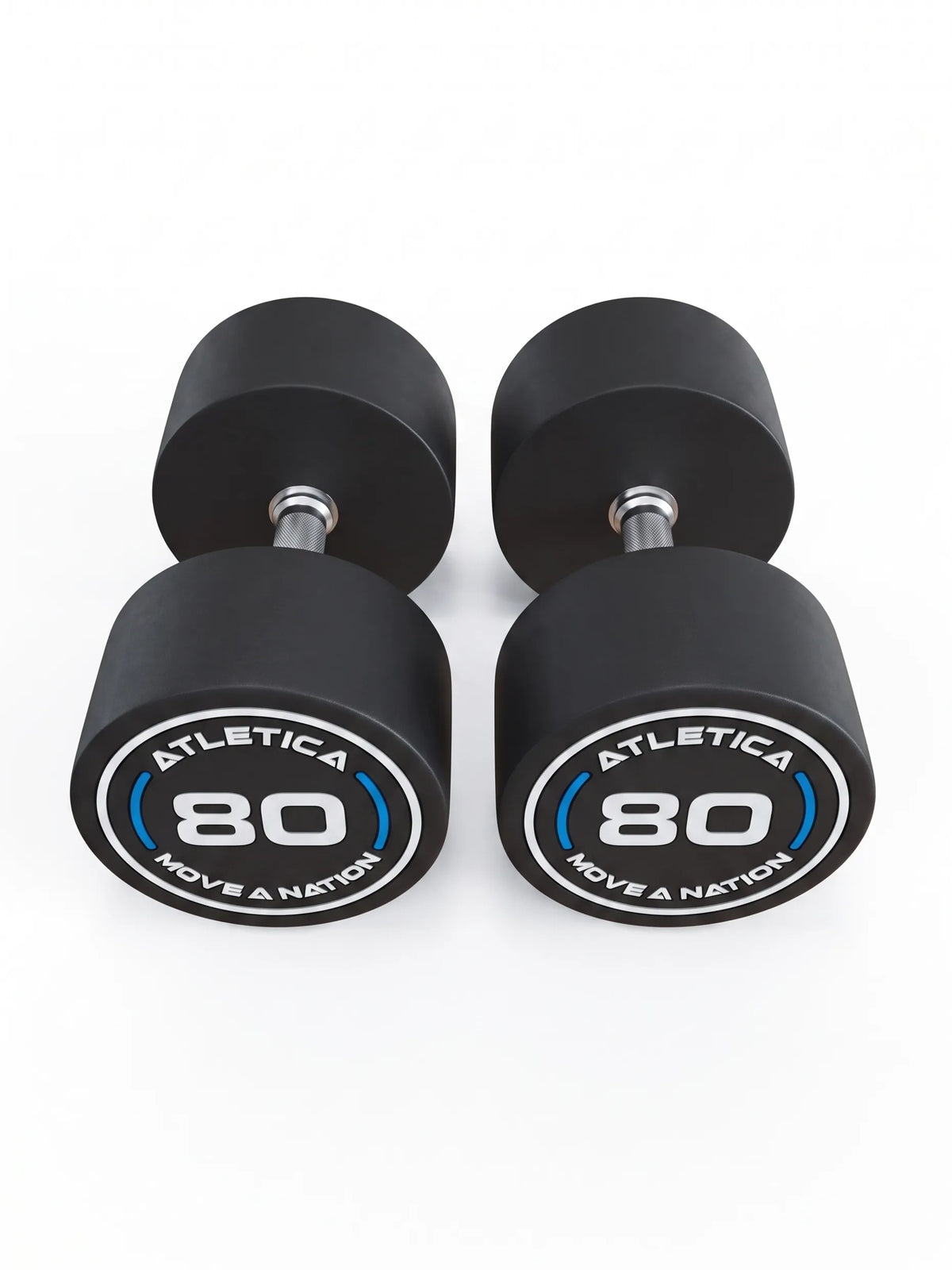 Round Dumbbells PRO in pairs - two black dumbbells, weight 85 lb, silver handles, made of polyurethane, for dumbbell strength training