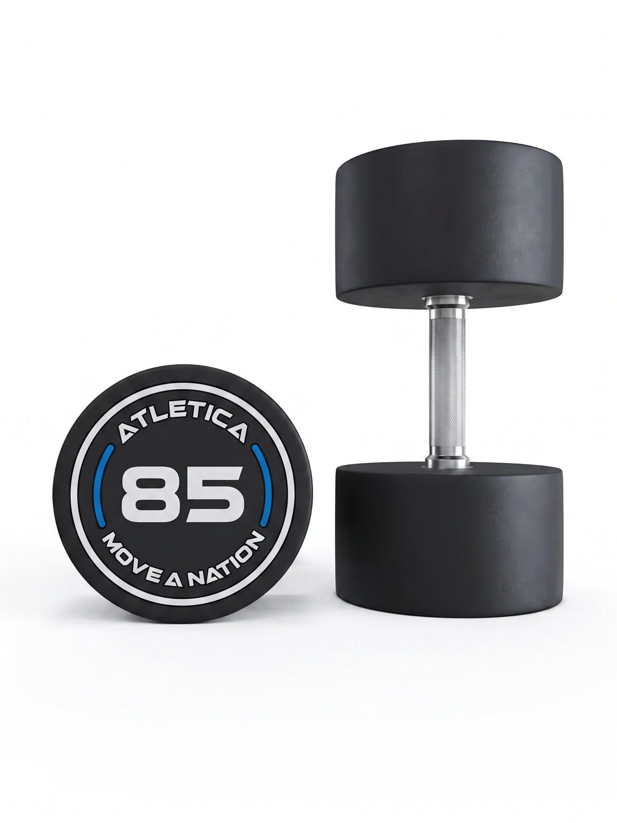 Round Dumbbells PRO 85 lb pair - one dumbbell standing, one lying