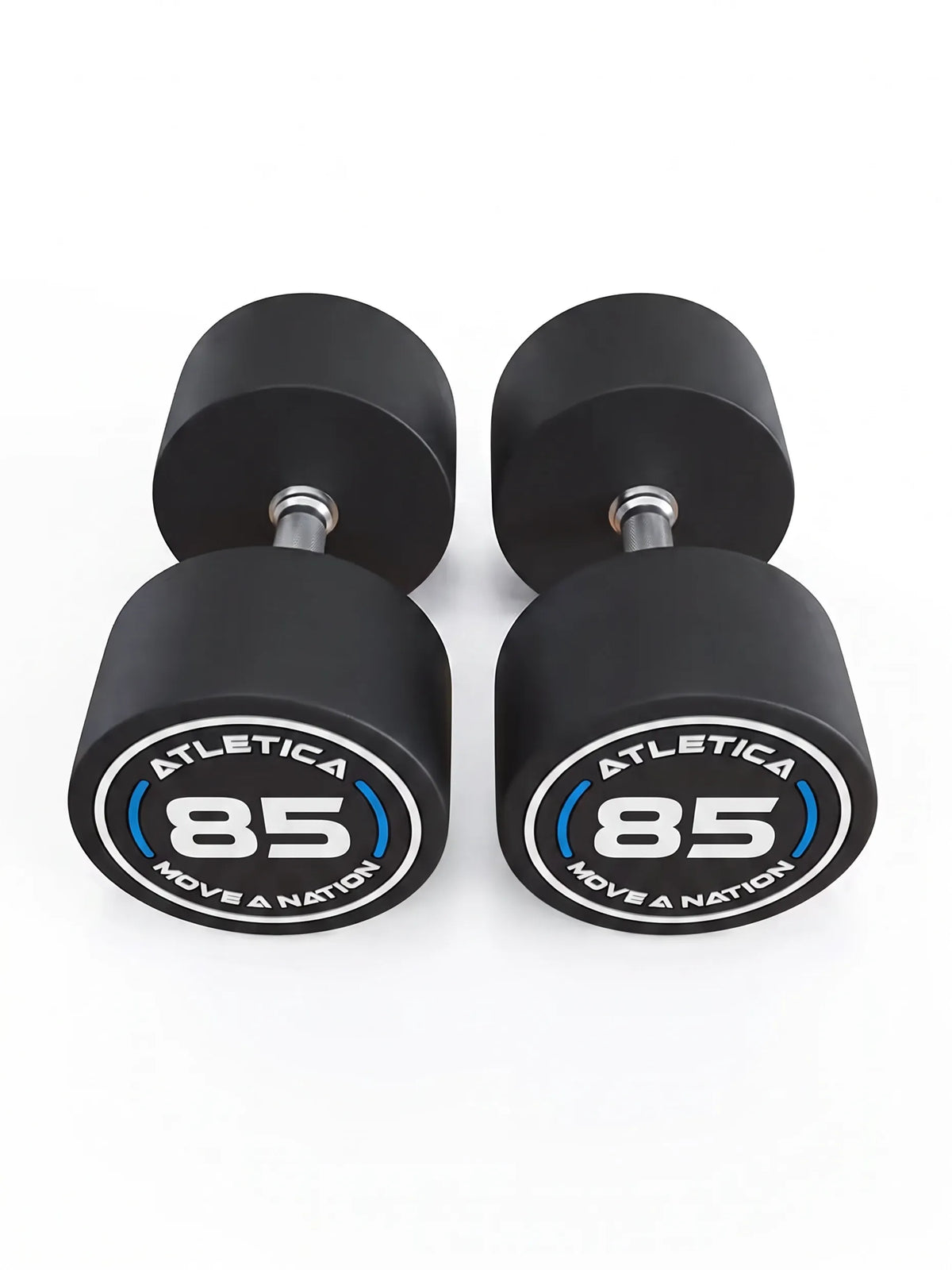 Round Dumbbells PRO in pairs - two black dumbbells, weight 95 lb, silver handles, made of polyurethane, for dumbbell strength training