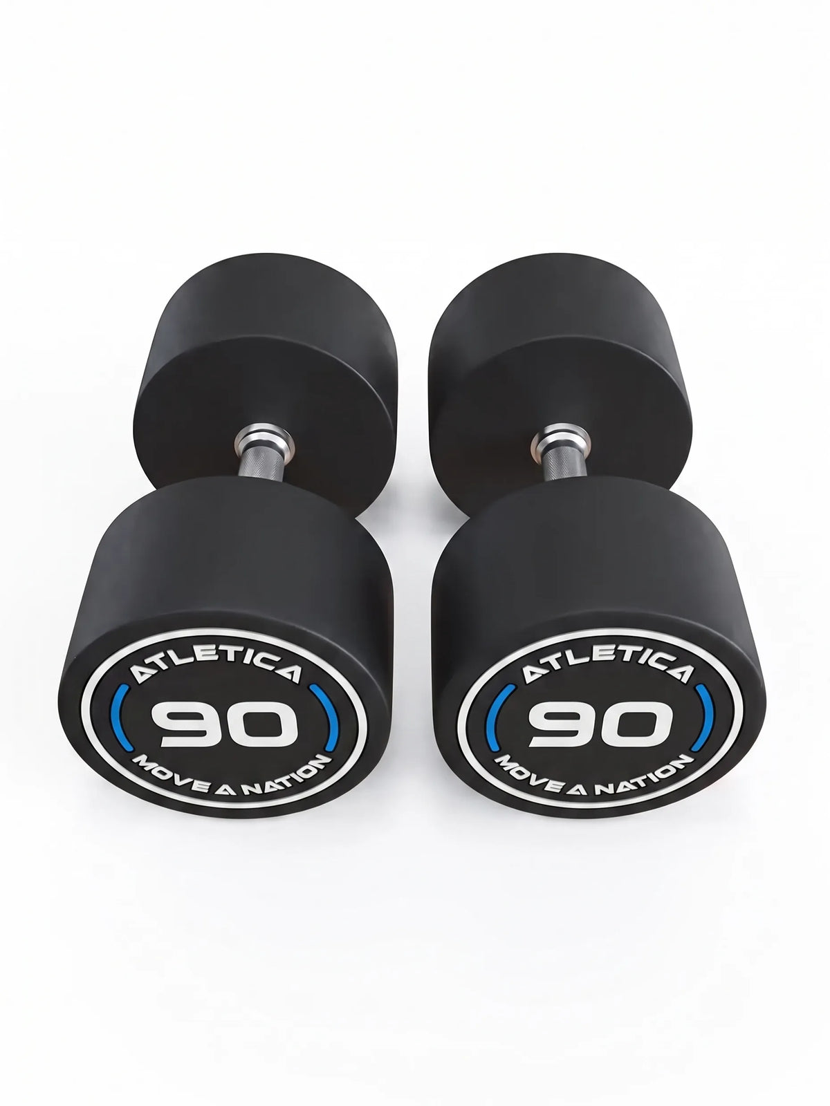 Round Dumbbells PRO in pairs - two black dumbbells, round ends, silver handles, made of polyurethane, for dumbbell strength training