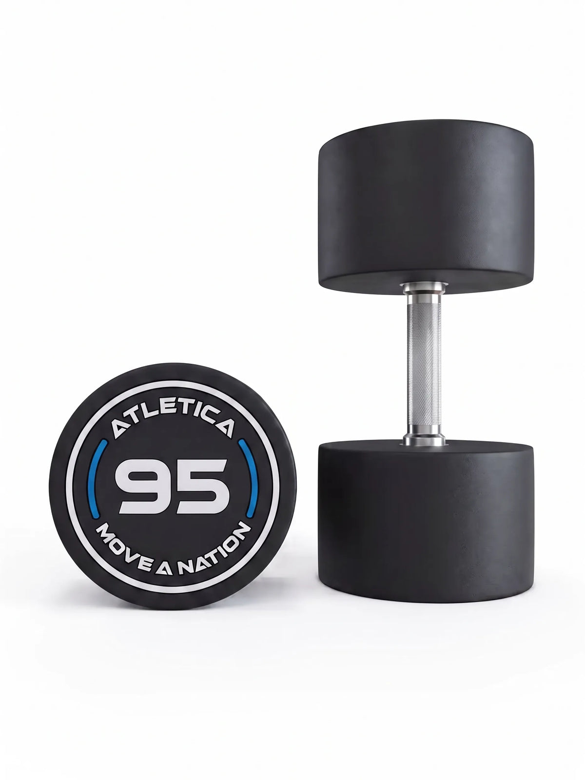 Round Dumbbells PRO in pairs - black dumbbells, one standing, one lying, made of polyurethane, for dumbbell strength training