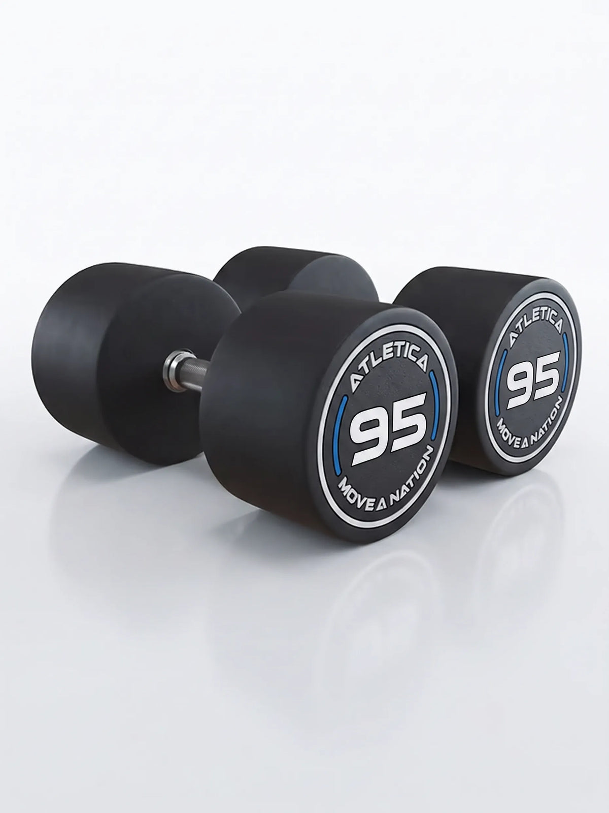 Round Dumbbells PRO In Pairs - Two black dumbbells, weight 105 lb, silver grips, made of polyurethane, for dumbbell strength training