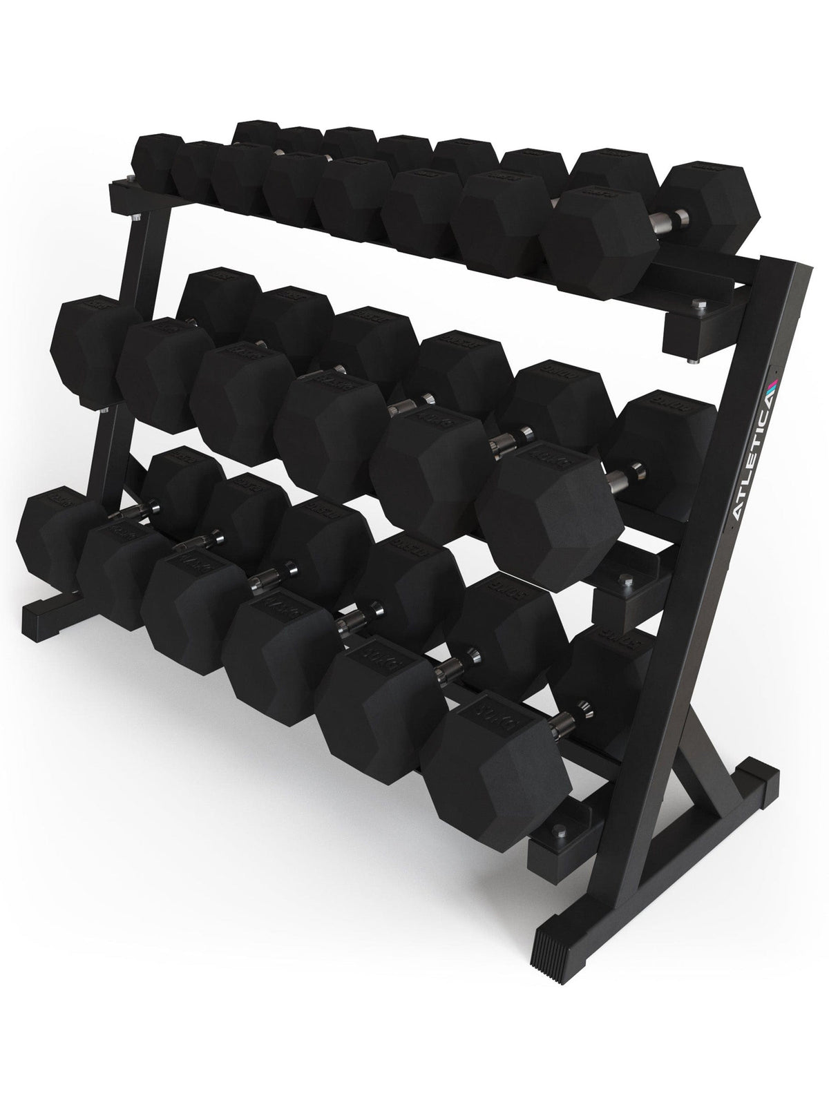 Hexagon PRO SET Cerberus - 7 pairs 20 - 50 lb (490 lb) dumbbells on a three-tier dumbbell stand