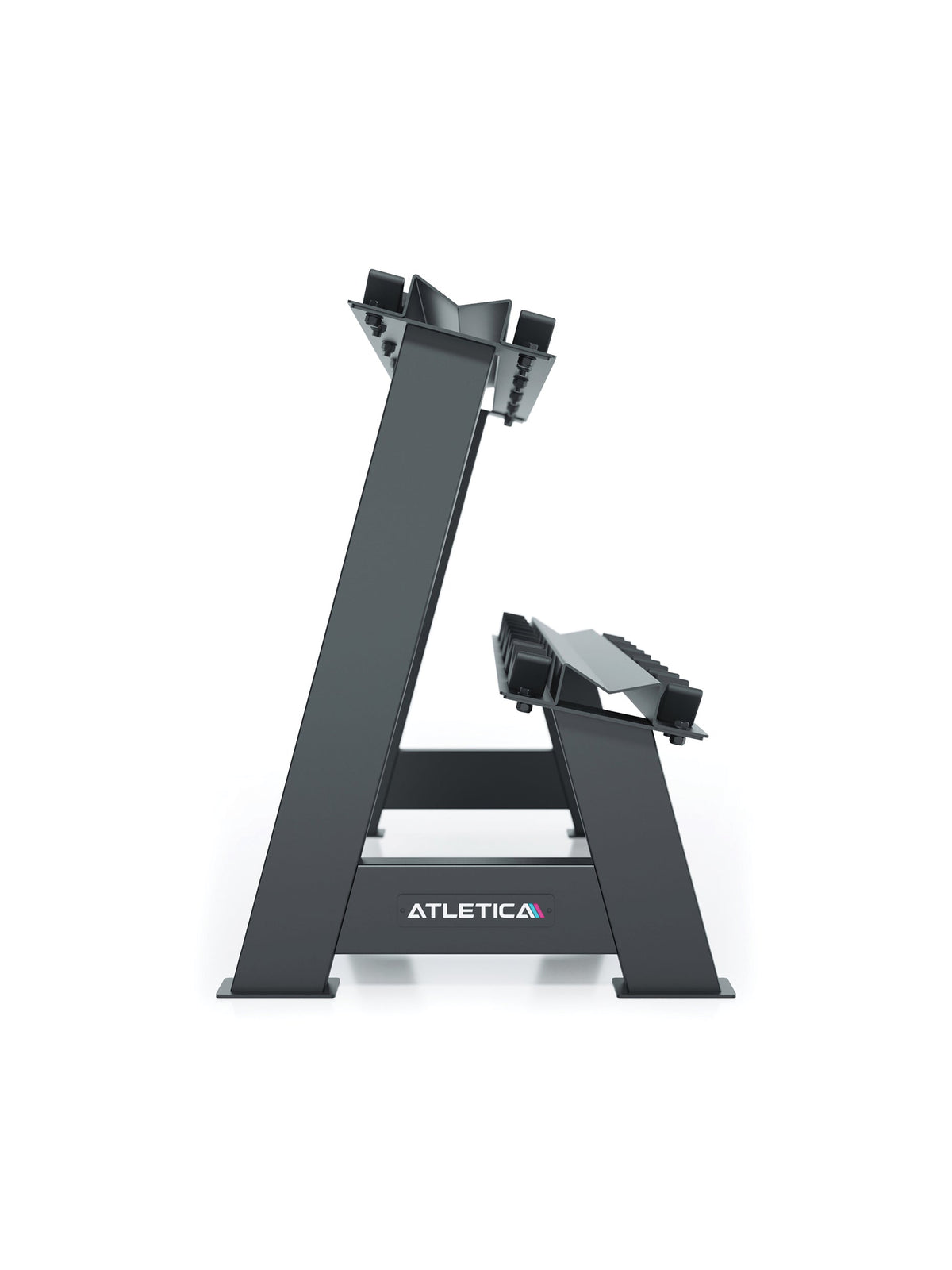 Storage for Round Dumbbells - Black Dumbbell Rack made of Metal, two Levels, Atletica Logo on the lower Strut