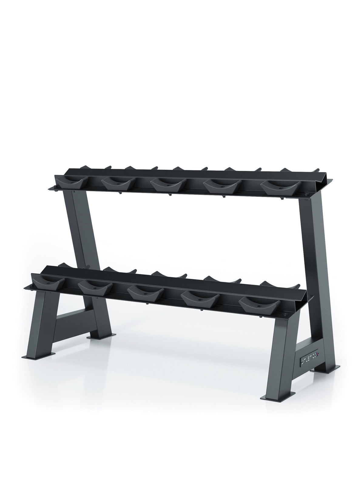 Round Dumbbell Rack - black dumbbell shelf with two tiers, space for ten round dumbbells on the left