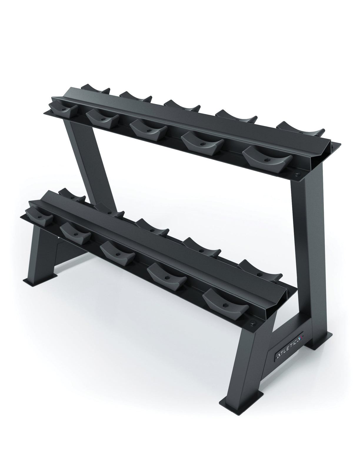 Storage for Round Dumbbells - black dumbbell rack with two shelves, space for ten Round Dumbbells