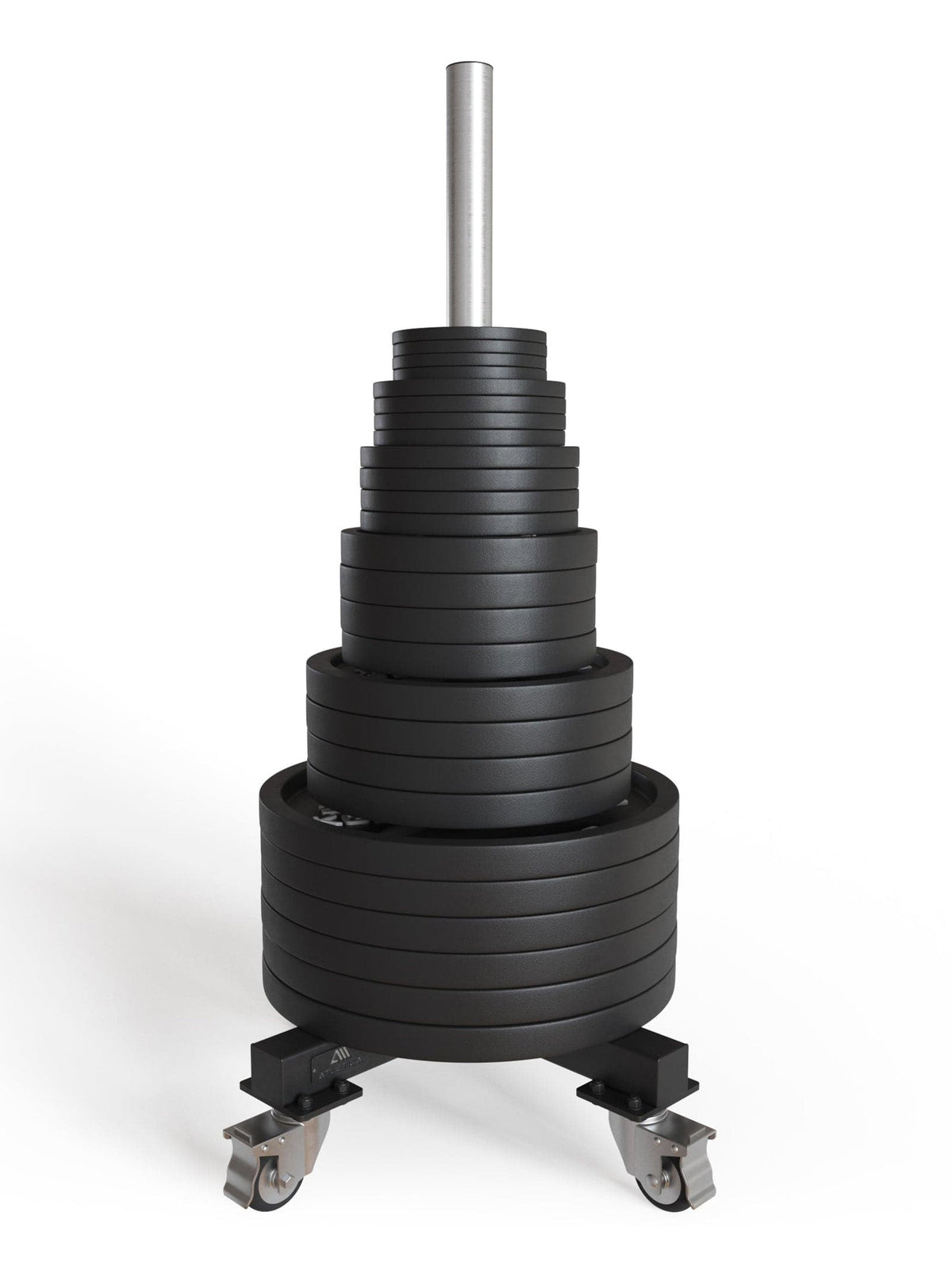 Atletica Storage Speer with weight plate stack on mobile platform and chrome-plated holder