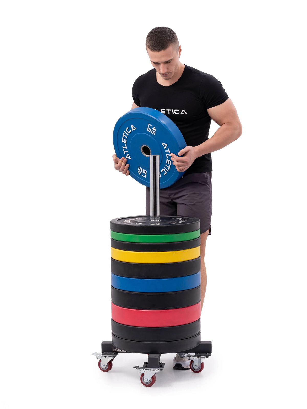 Speer Storage with Athlete Placing a Blue 45 lb Bumper Plate onto the Chrome-Plated Mount