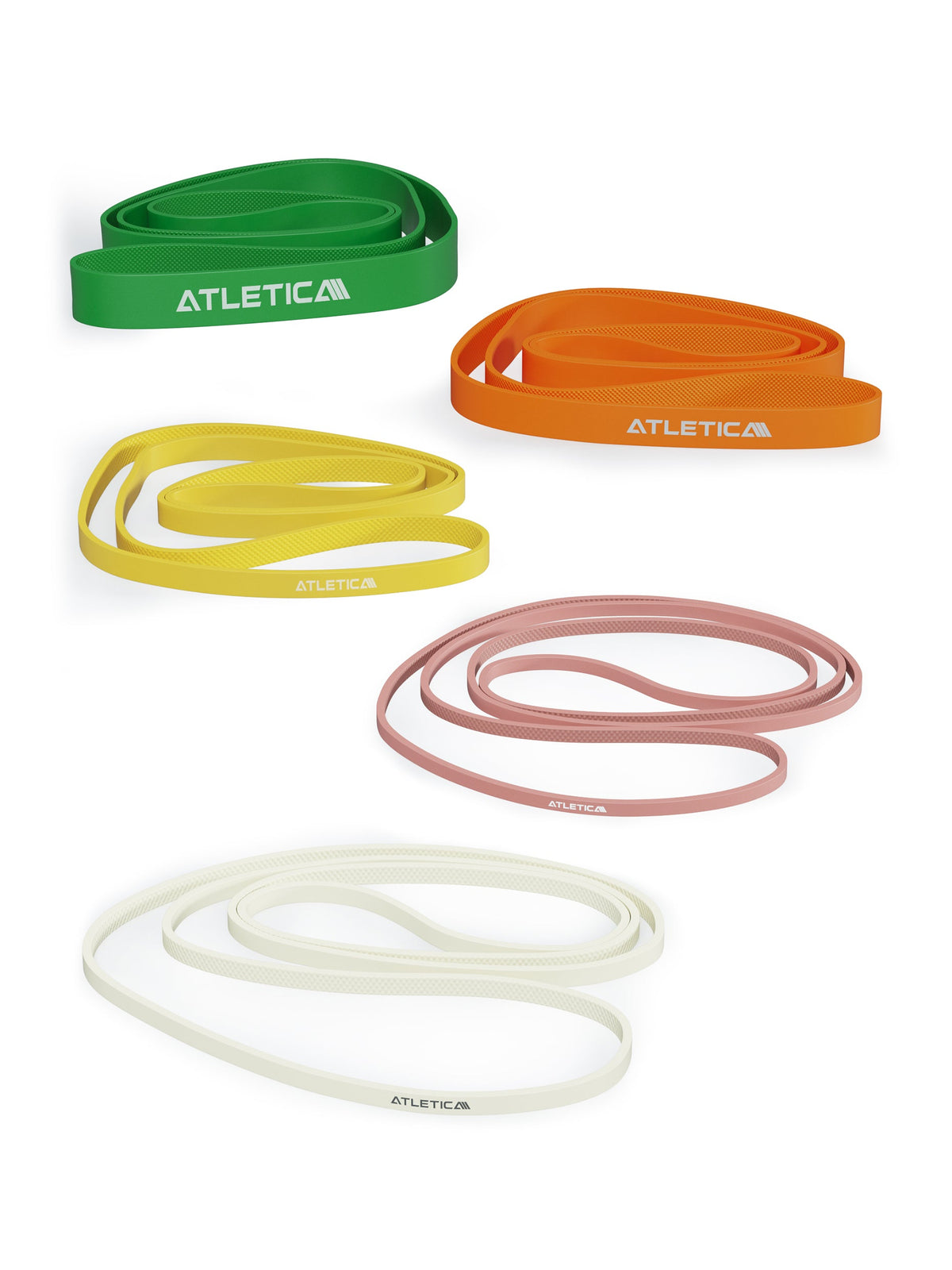 Resistance Bands - Five Resistance Bands in Green, Orange, Yellow, Pink, White