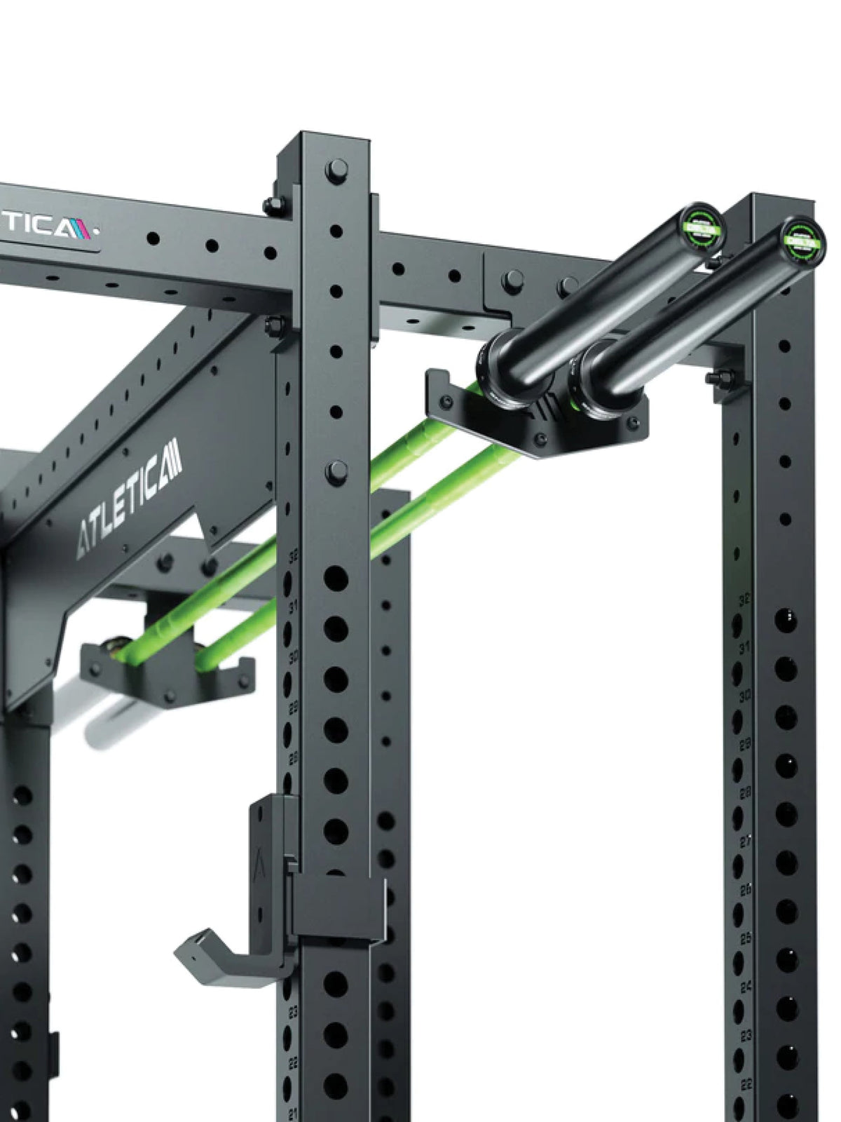 Barbell Storage - Black Power Rack with weight plate holders, hole grid, green bars