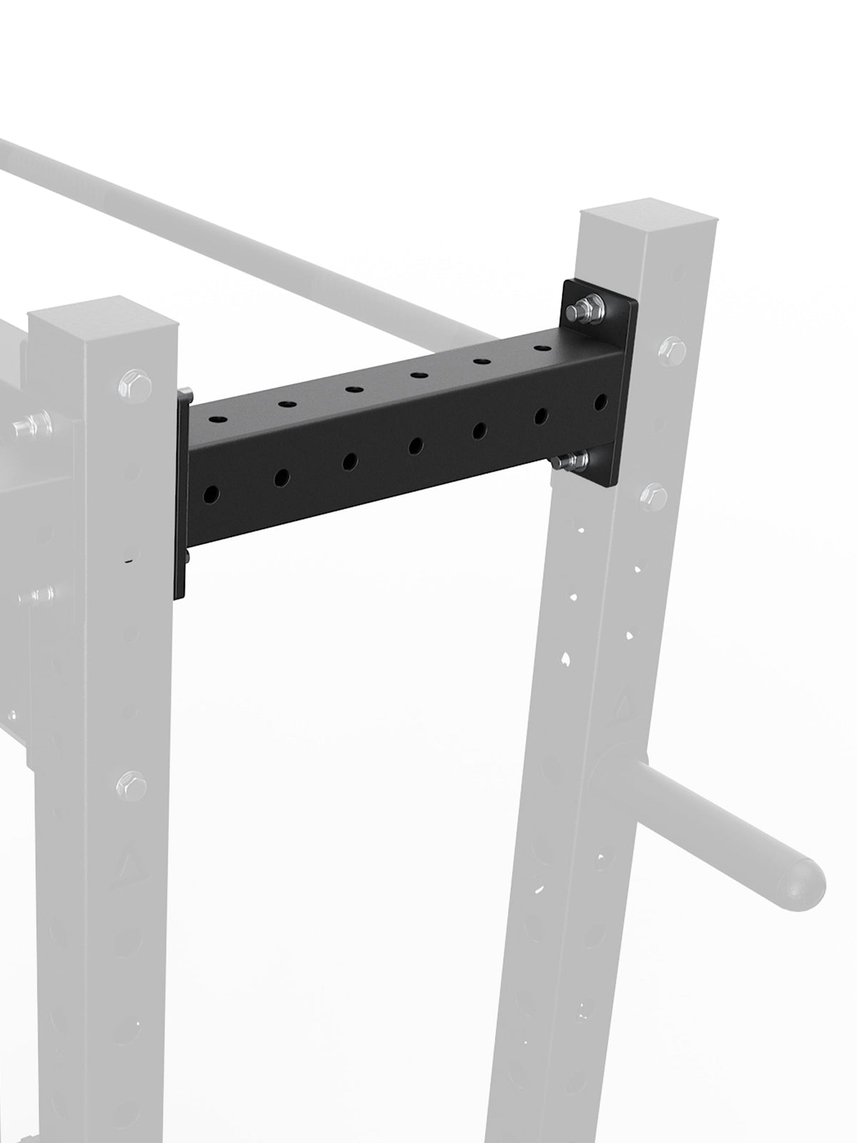 R8 Crossbar 16.5" mounted on a power rack – stabilizes and connects the power rack uprights