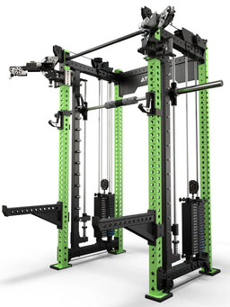 Atletica R8 Bradley EXO rack with 380 lb stacks and Smith machine, electric green uprights, angled view