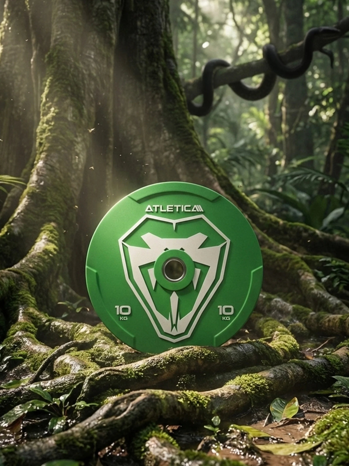 Atletica Animal bumper plate 22 lb, green with snake design, in a jungle with a snake on a tree