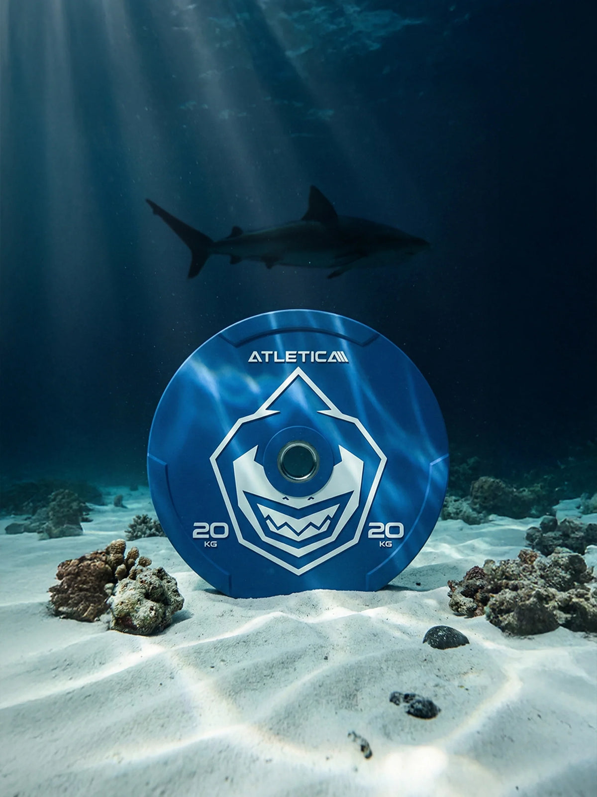 Atletica Animal bumper plate 44 lb, blue with shark design, on the sea floor with a shark above