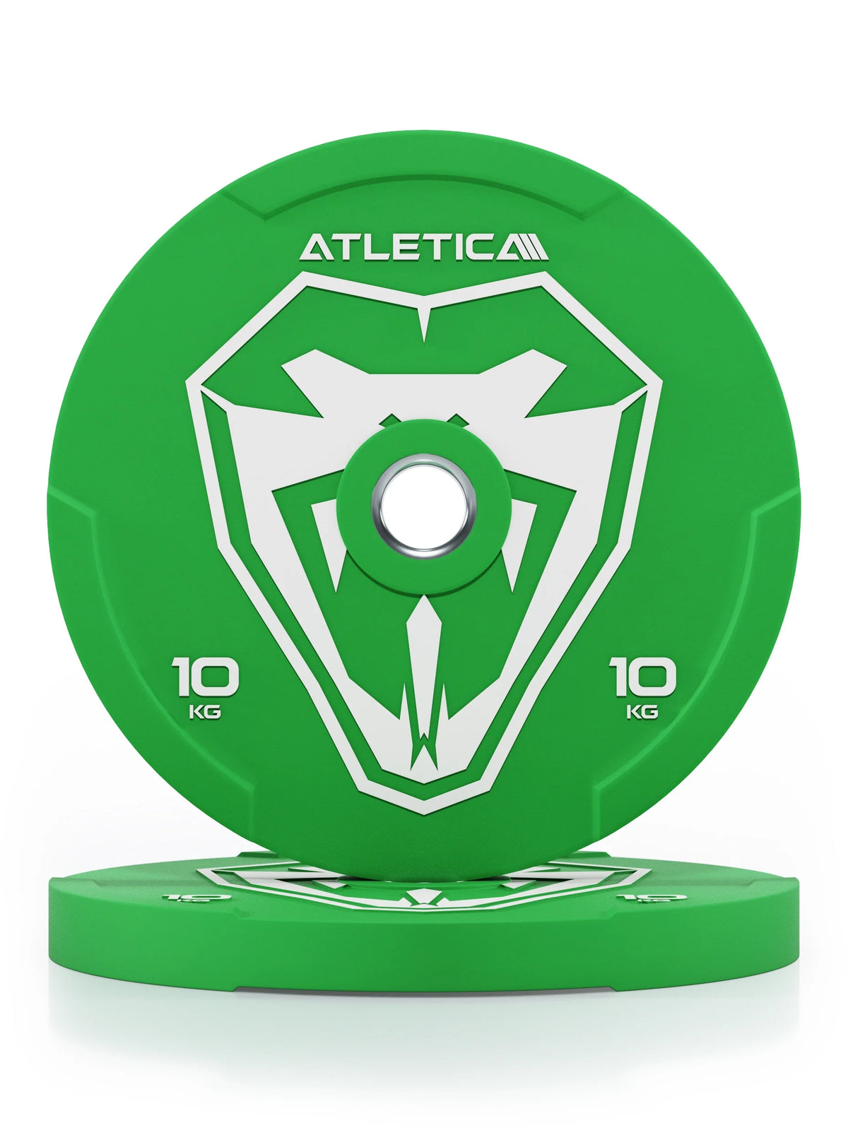 Atletica Animal bumper plates 22 lb (10 kg), green with snake design, front view of a pair