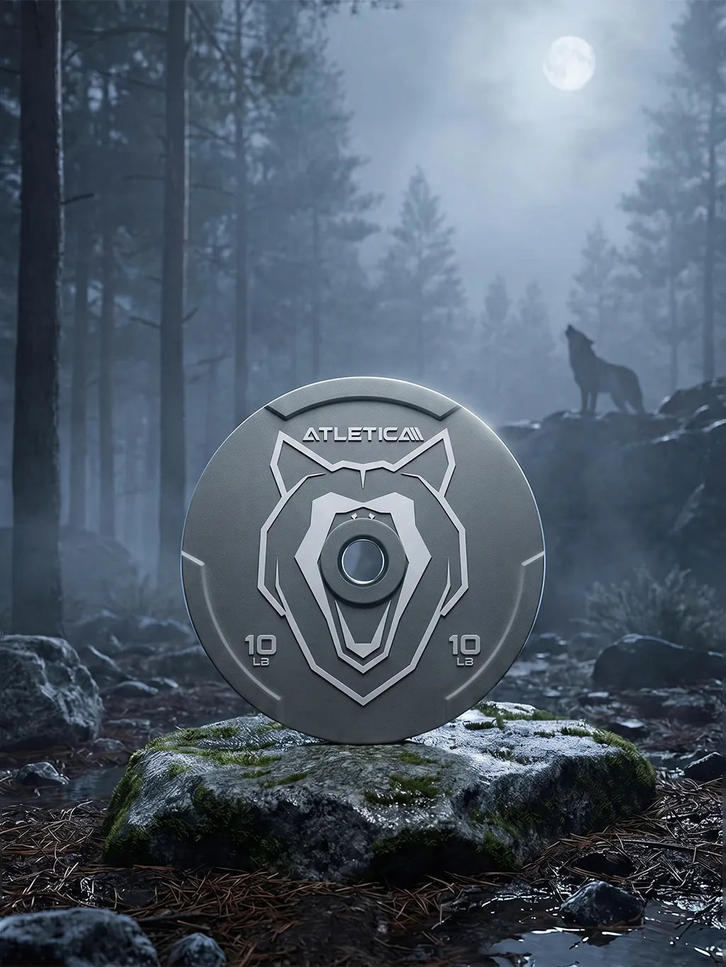 Animal Bumper Plates - gray weight plate 10 lb, wolf in the background, full moon in the sky