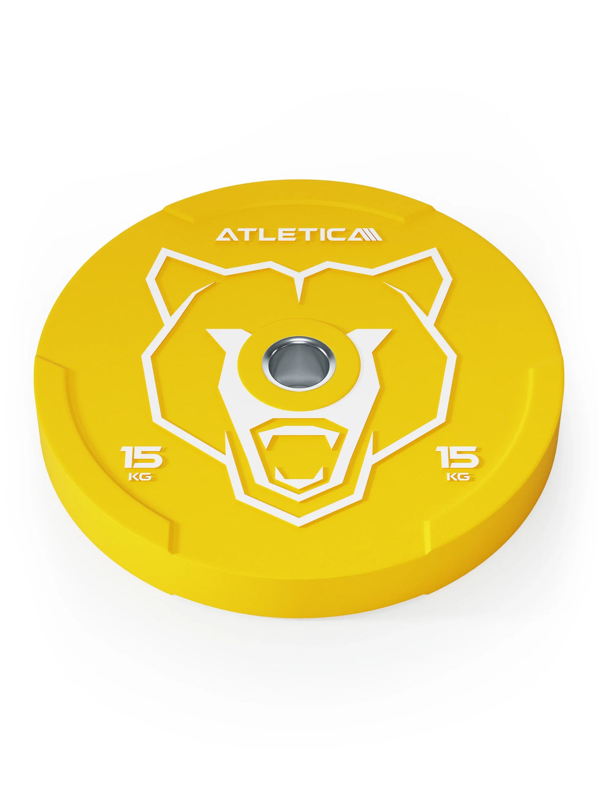 Atletica Animal bumper plate 33 lb, yellow with lion design, lying flat, top angled view
