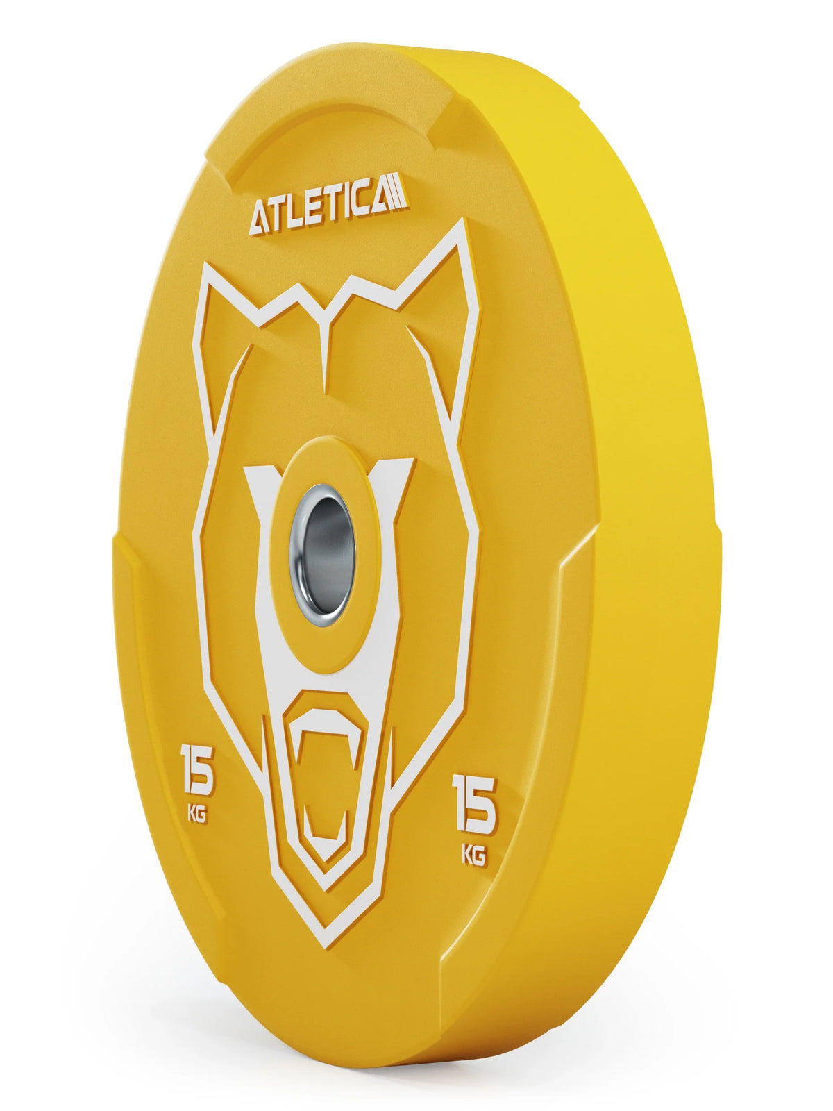Atletica Animal bumper plate 33 lb, yellow, angled side view showing plate width
