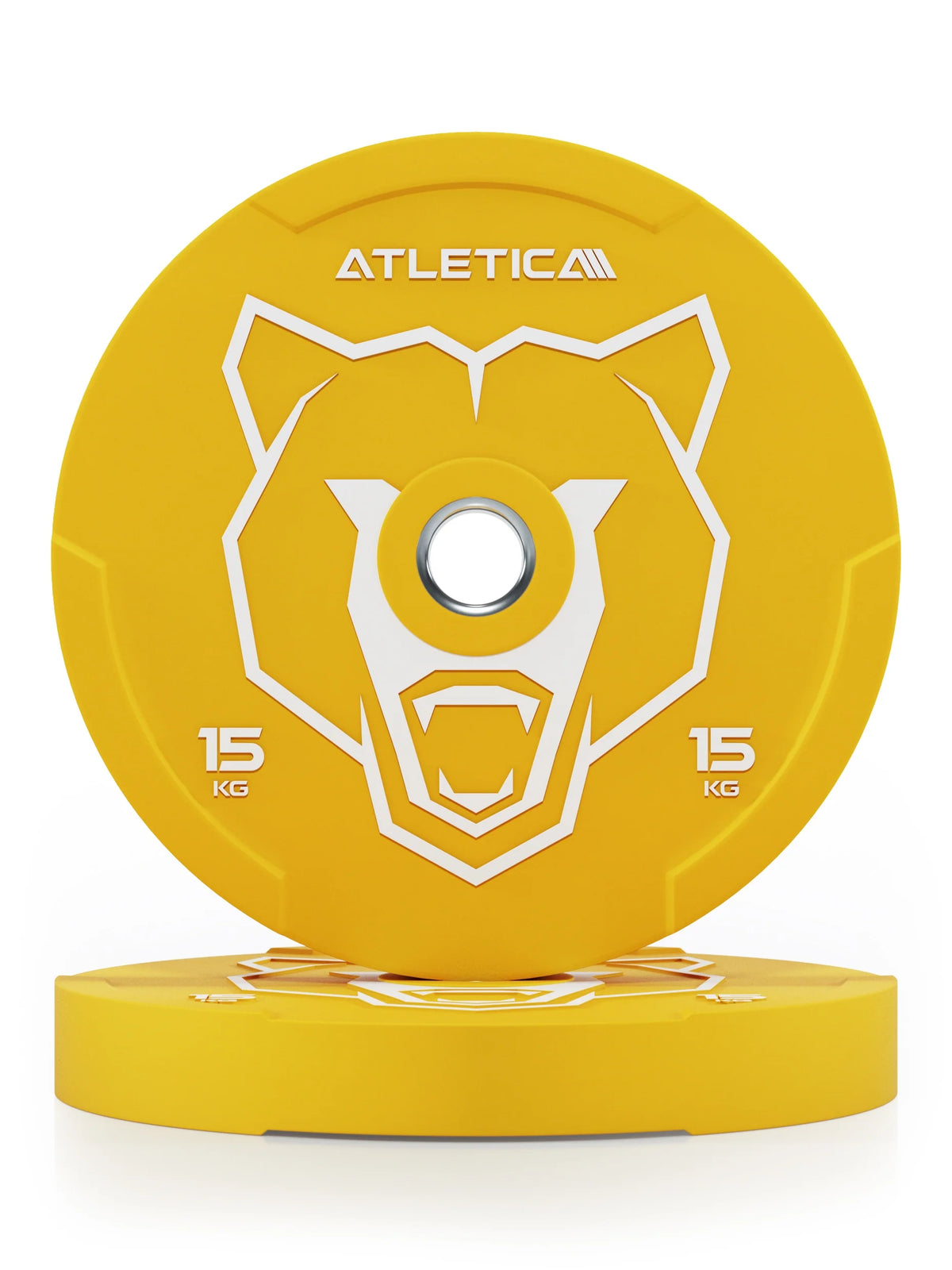 Atletica Animal bumper plates 33 lb (15 kg), yellow with lion design, front view of a pair