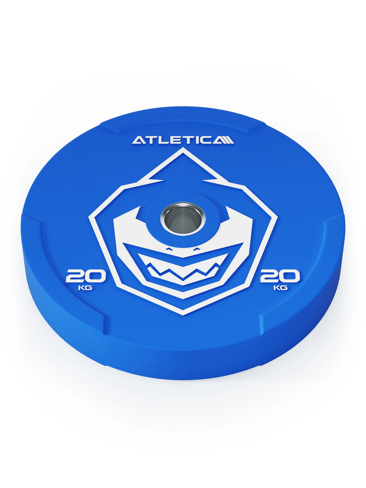 Atletica Animal bumper plate 44 lb, blue, lying flat, top angled view