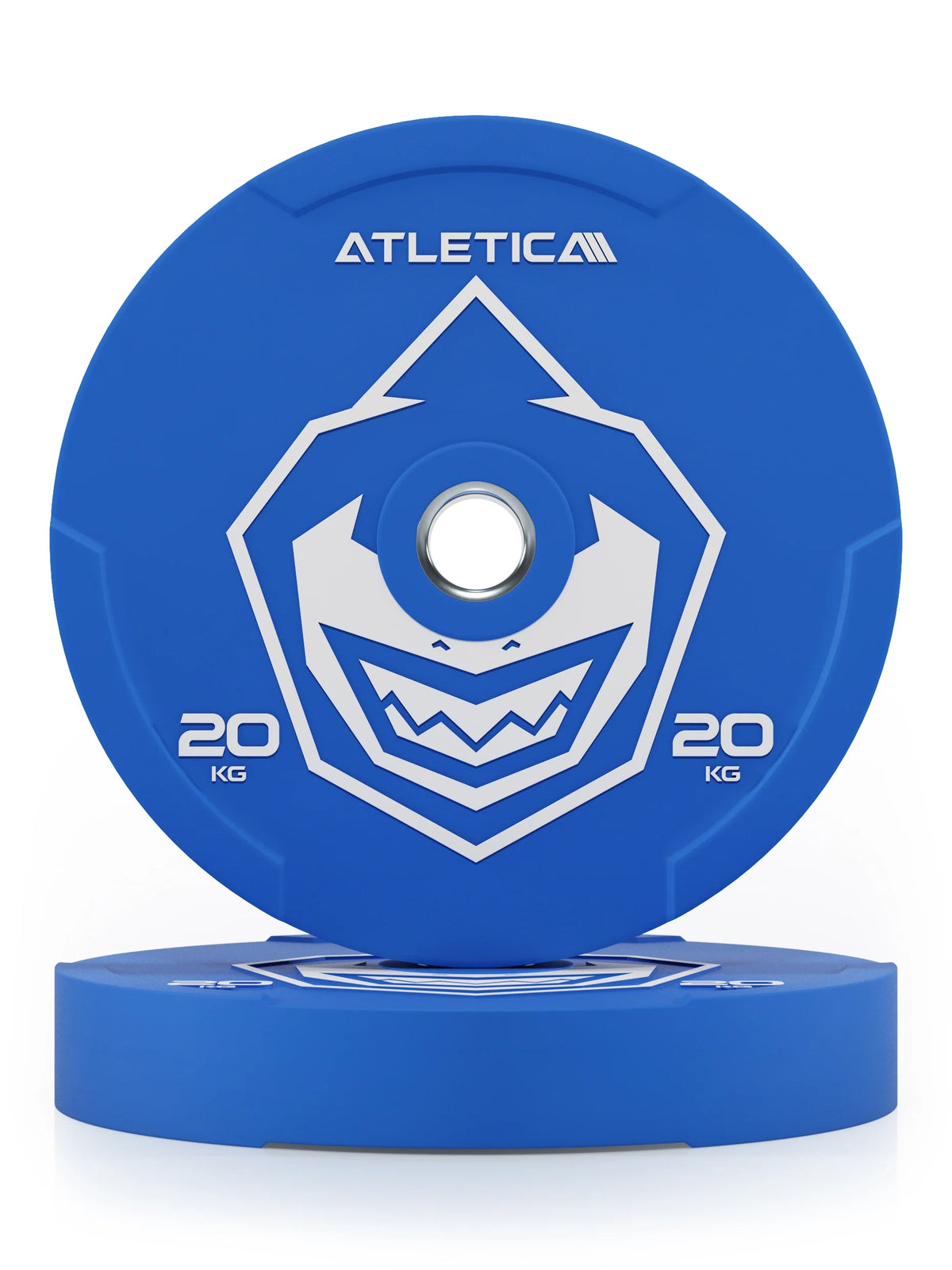Atletica Animal bumper plates 44 lb (20 kg), blue with shark design, front view of a pair