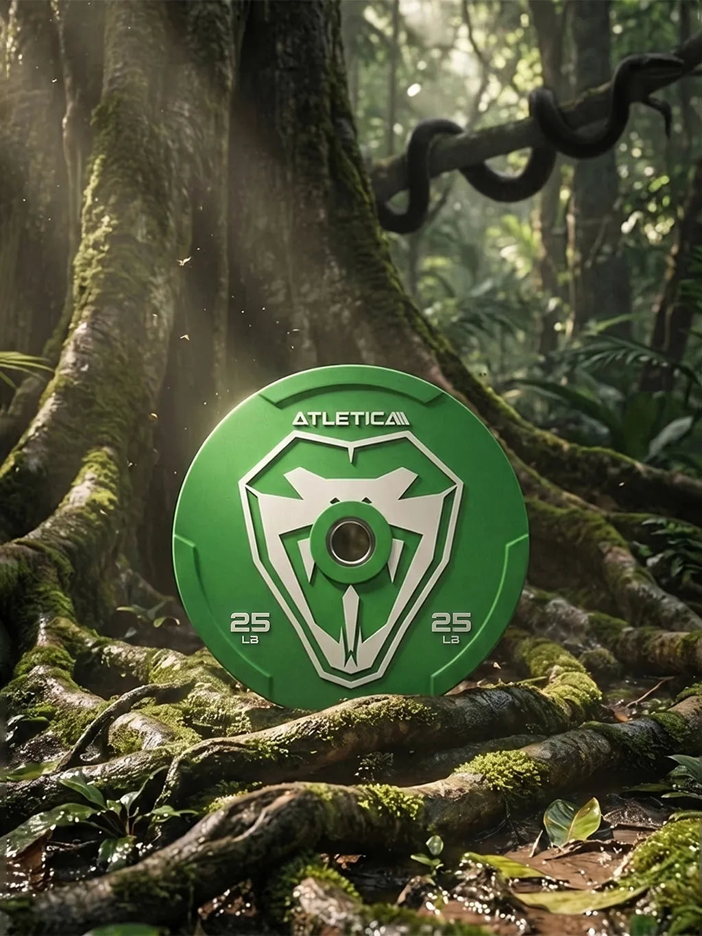 Animal Bumper Plates - Green weight plate, 25 lb, placed on tree root in the jungle