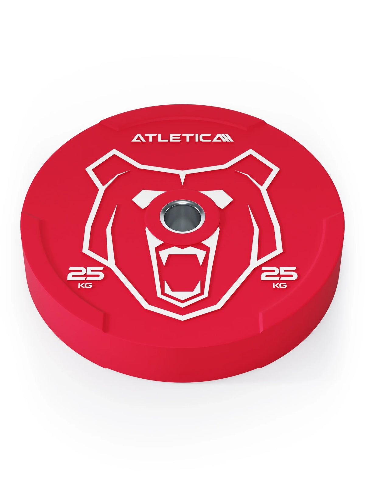 Atletica Animal bumper plate 55 lb, red with bear design, lying flat, top angled view