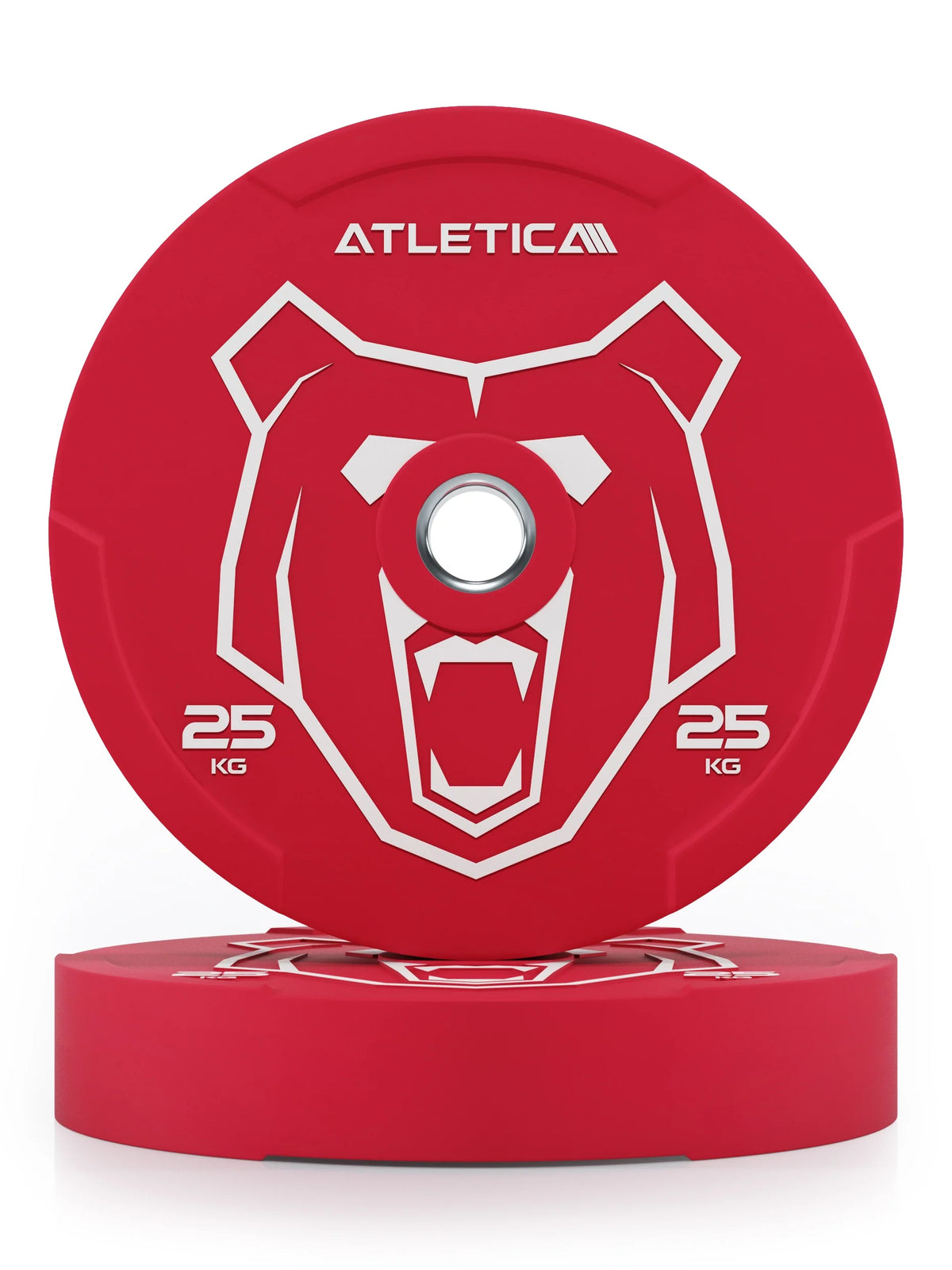 Atletica Animal bumper plates 55 lb (25 kg), red with bear logo, front view of a pair