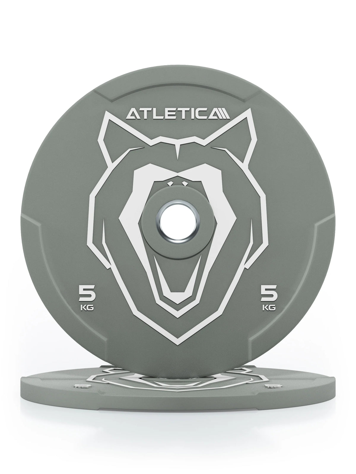 Atletica Animal bumper plates 11 lb (5 kg), gray with wolf design, front view of a pair