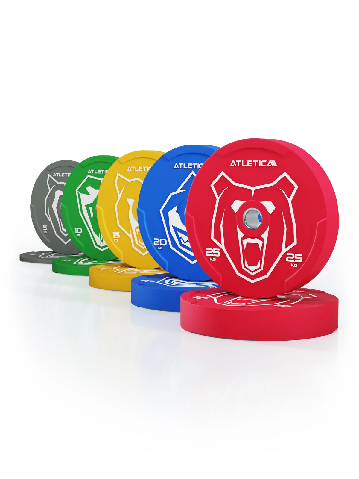 Atletica Animal bumper plates set 331 lb, five colored plate pairs lined up, red bear plate in front
