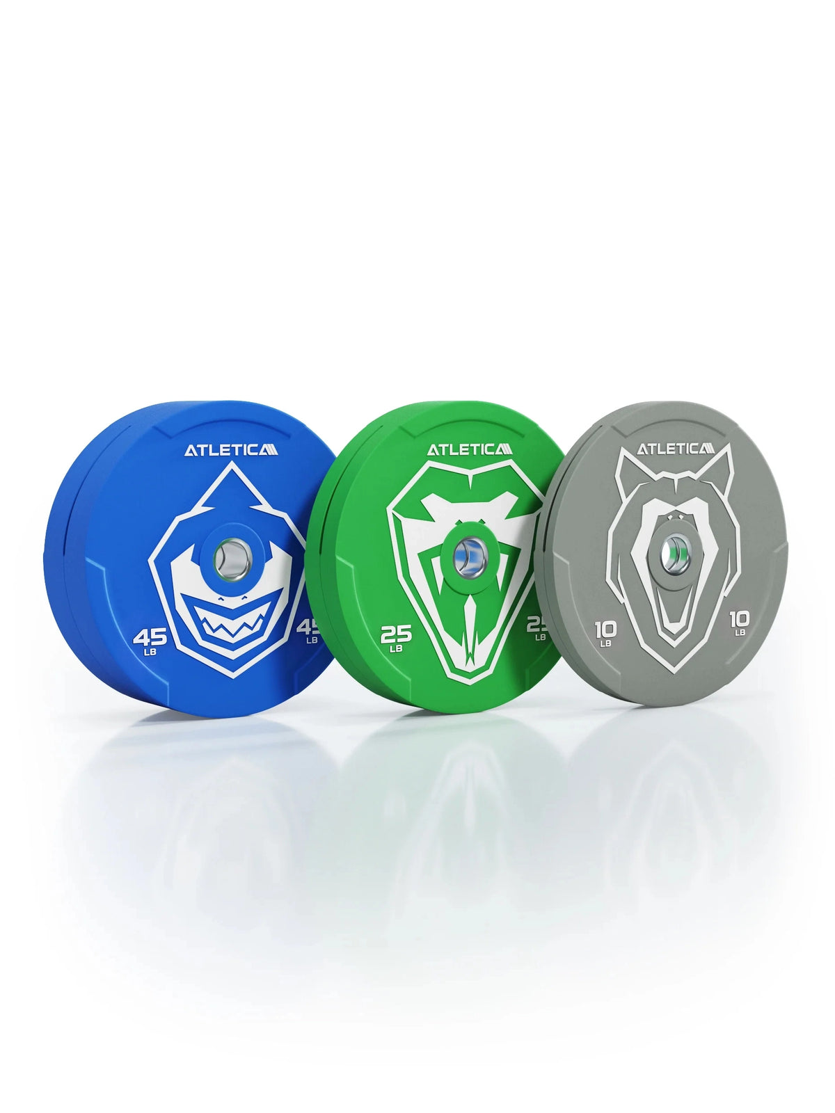 Animal Bumper Plates 160 lb Set  - three Weight Plates, blue 45 lb, green 25 lb, gray 10 lb, with animal motifs