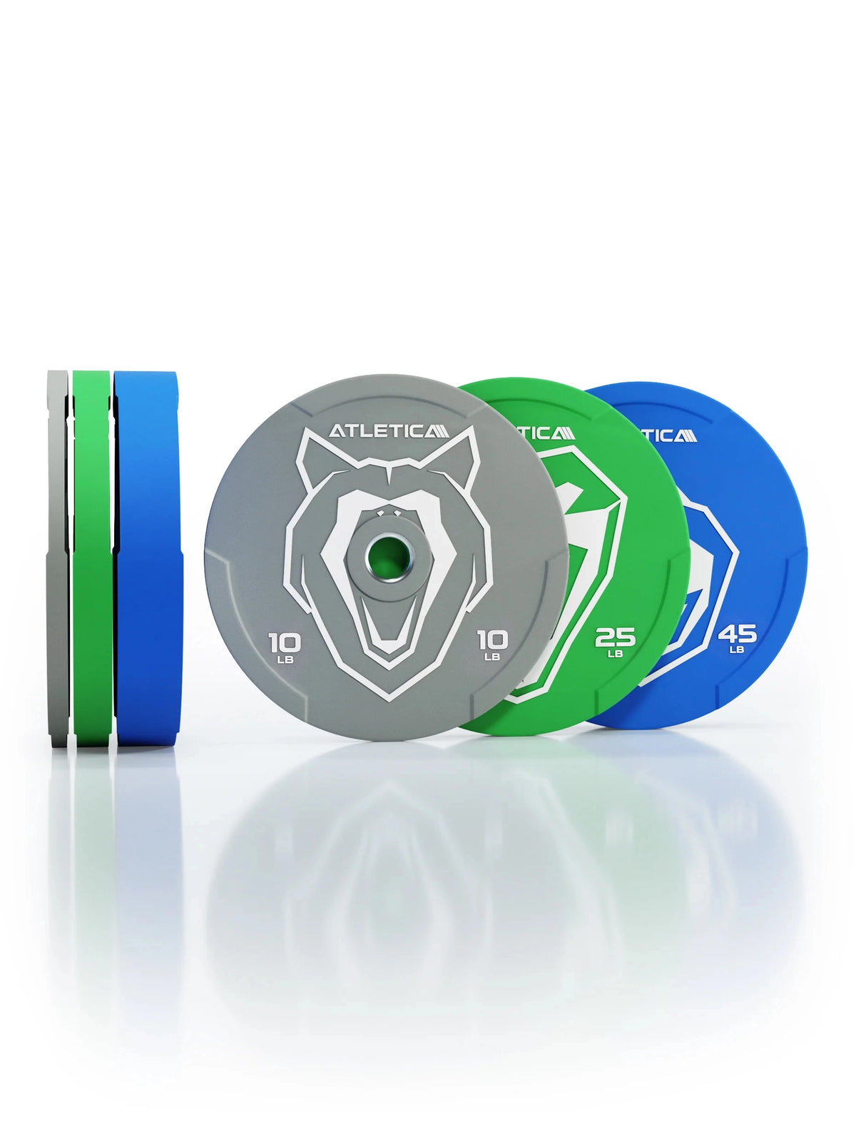Animal Bumper Plates 160 lb Set  - gray, green, blue weight plates with animal motifs, weights 10 lb, 25 lb, 45 lb