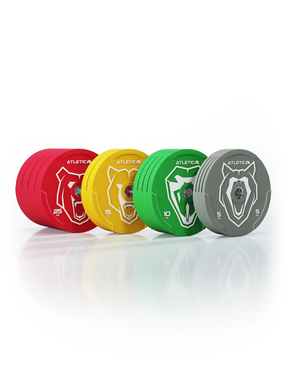 Atletica Animal bumper plates set 419 lb, red, yellow, green and gray plates, front view