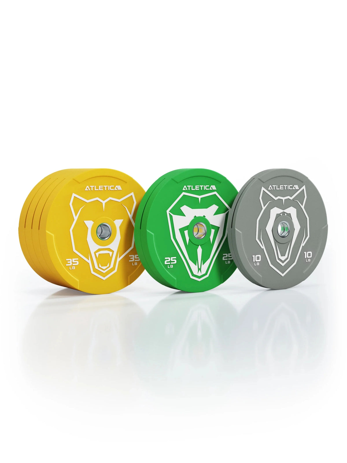 Animal Bumper Plates SET - yellow, green, gray weight plates with animal motifs, 10-35 lb